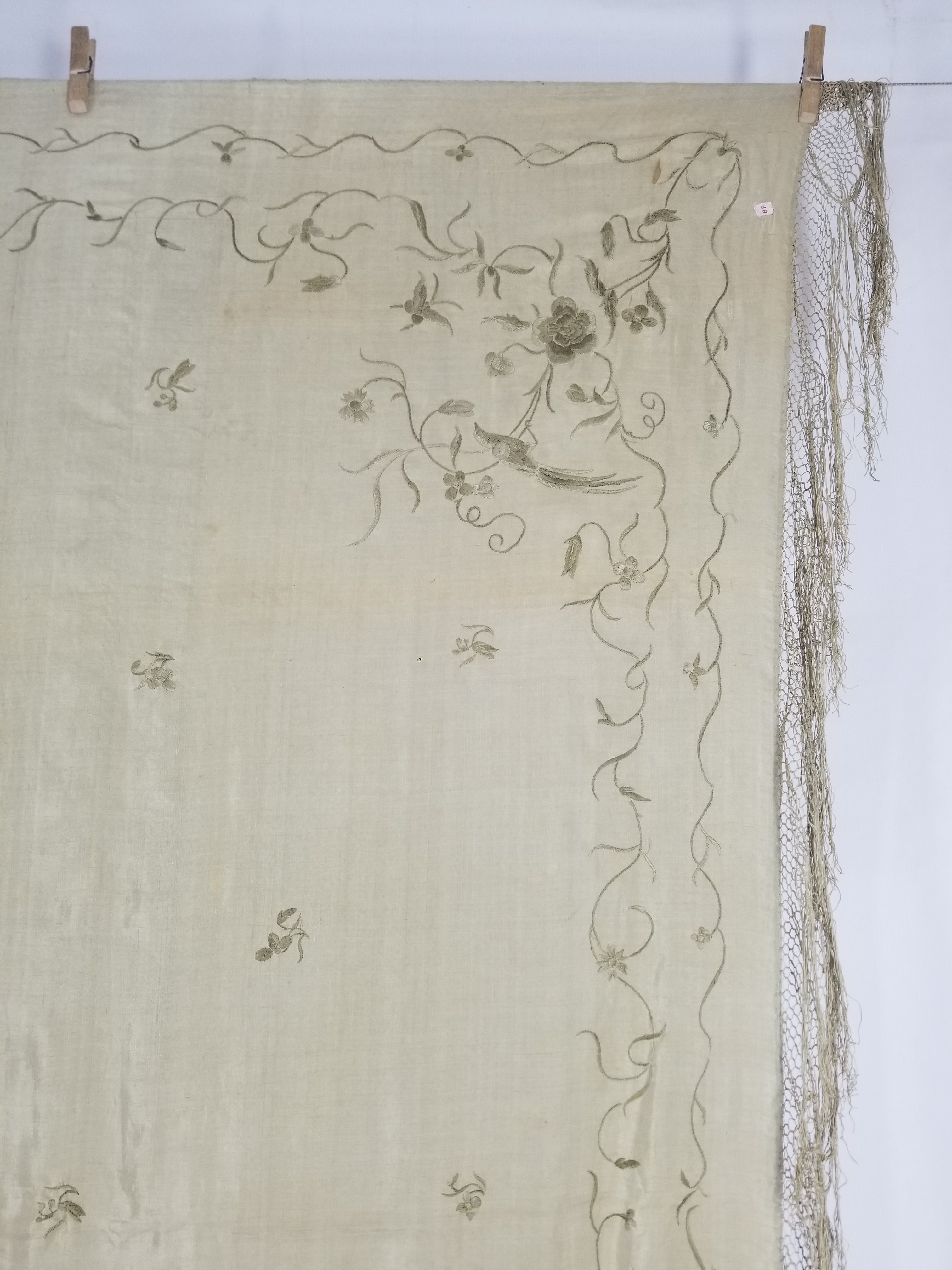 Antique Chinese Silk Hand Embroidered Floral Elizabeth Piano Shawl 168x162cm