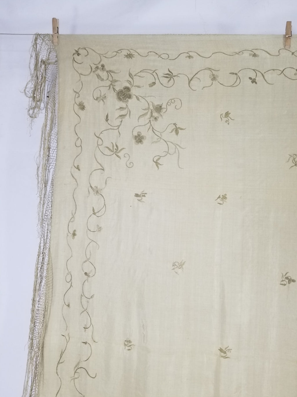 Antique Chinese Silk Hand Embroidered Floral Elizabeth Piano Shawl 168x162cm