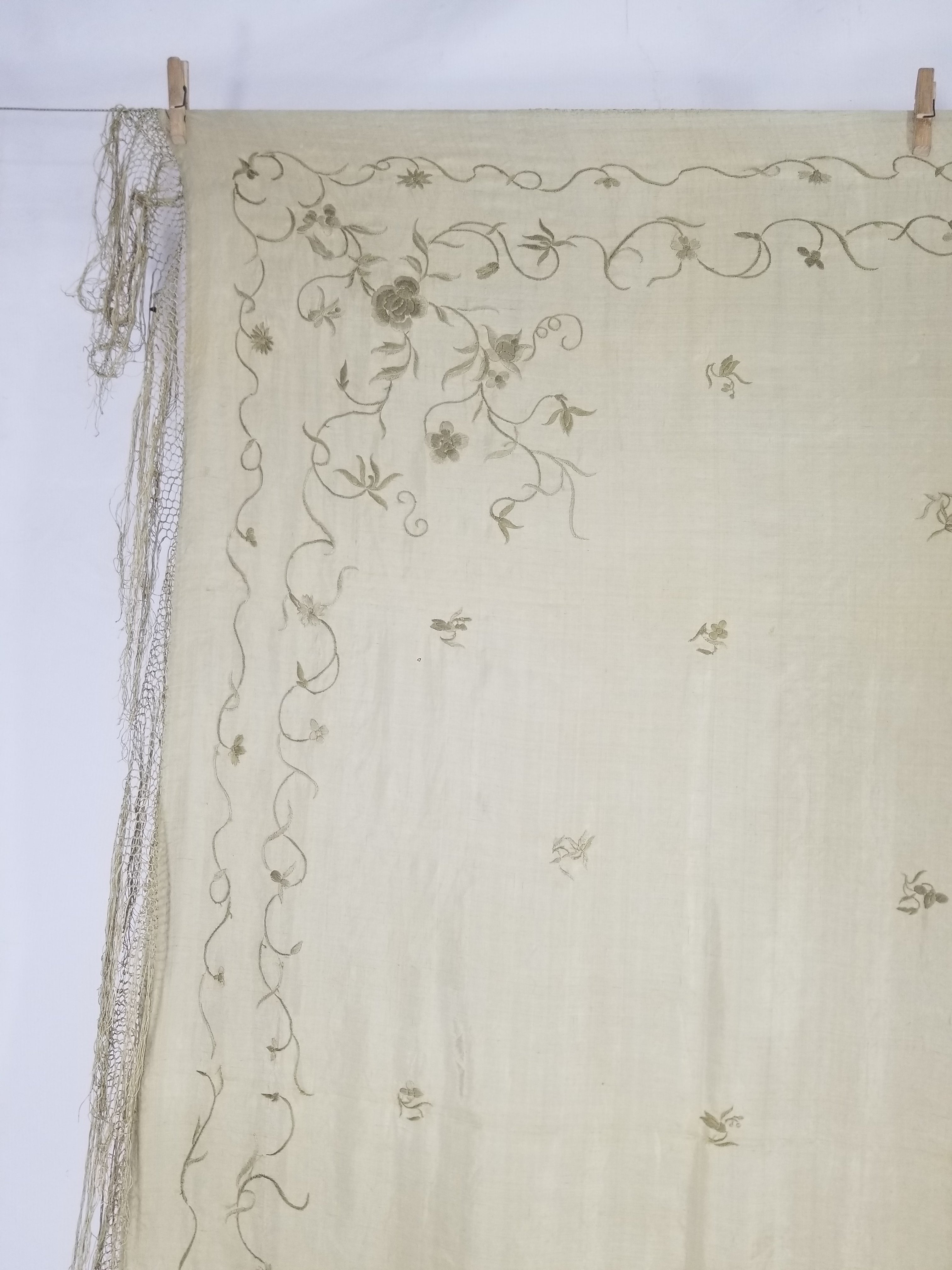 Antique Chinese Silk Hand Embroidered Floral Elizabeth Piano Shawl 168x162cm