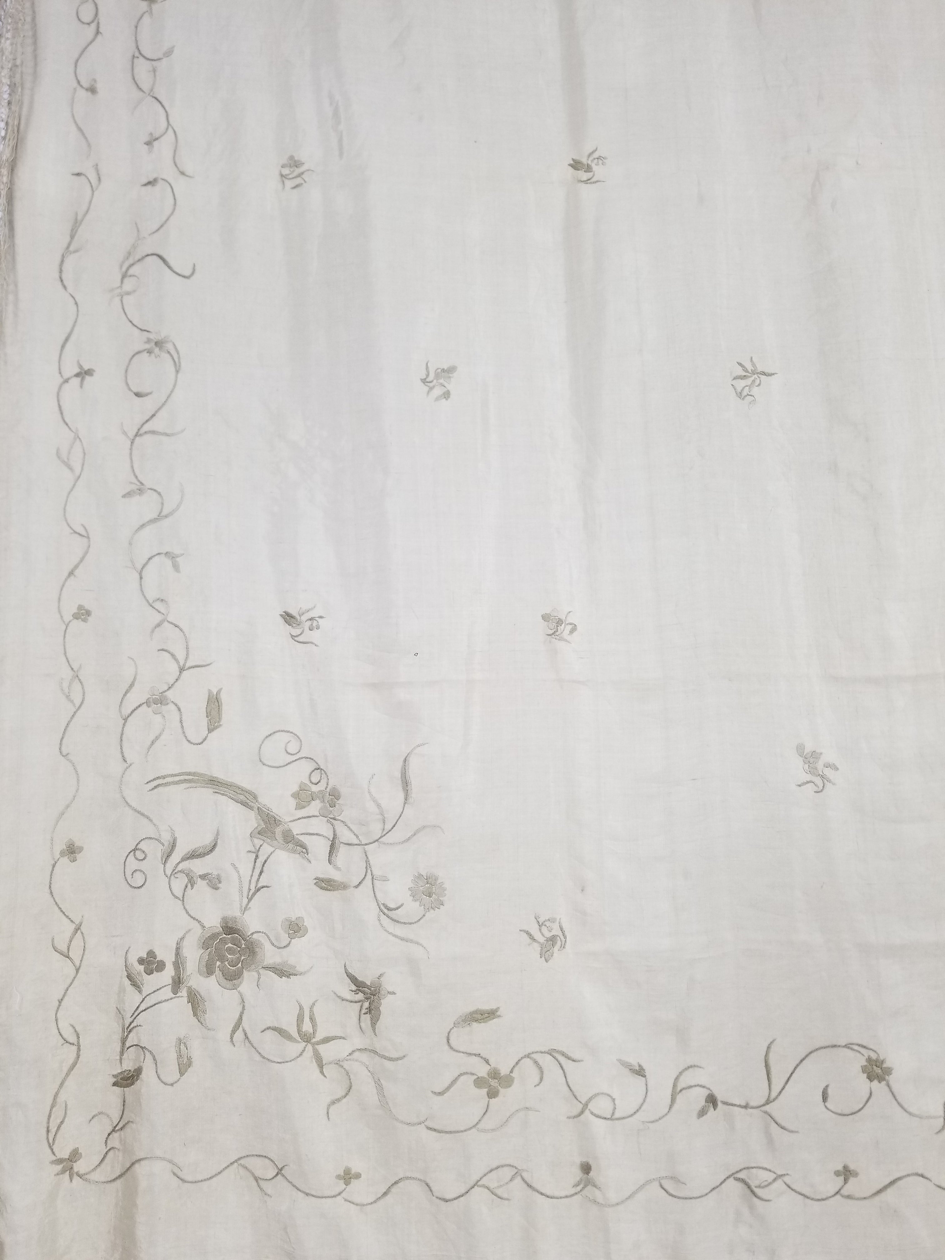 Antique Chinese Silk Hand Embroidered Floral Elizabeth Piano Shawl 168x162cm