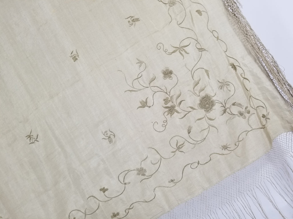 Antique Chinese Silk Hand Embroidered Floral Elizabeth Piano Shawl 168x162cm