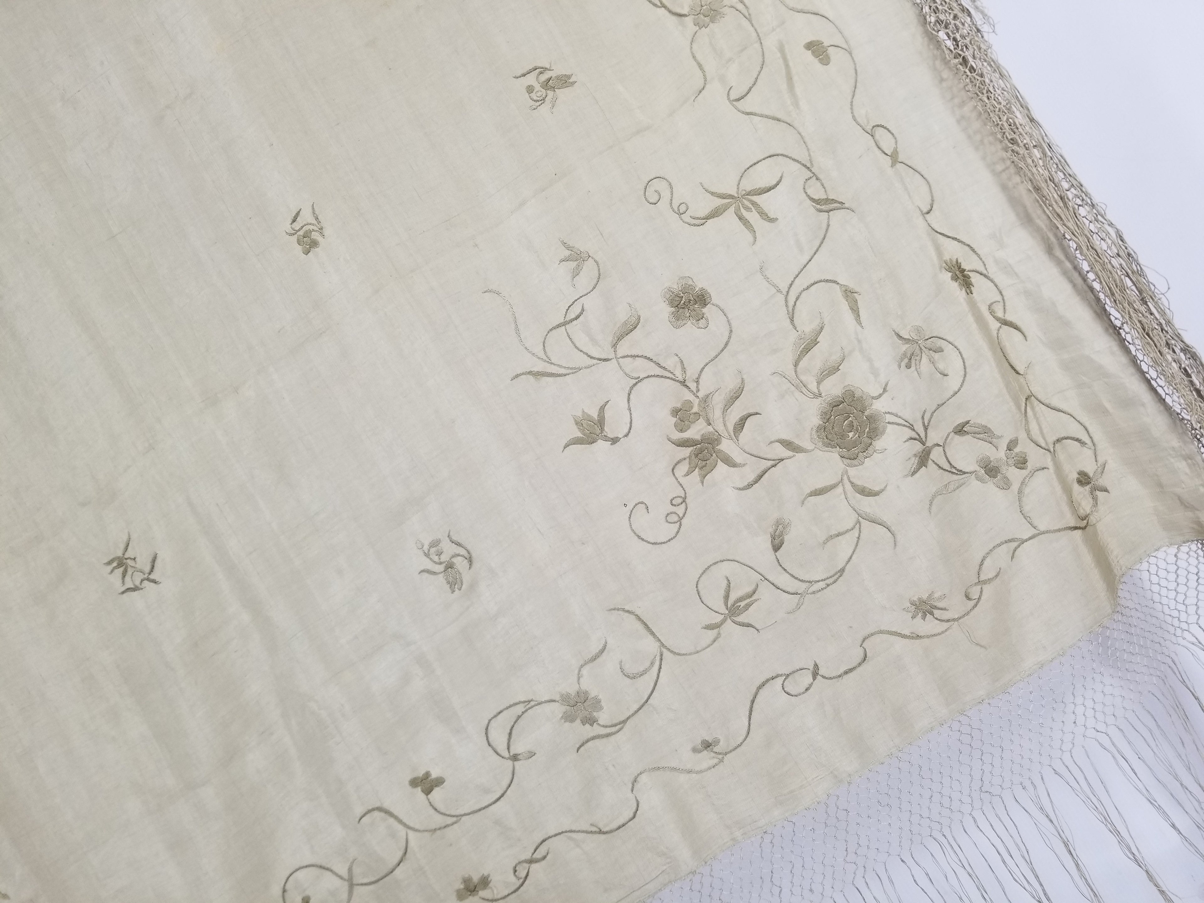 Antique Chinese Silk Hand Embroidered Floral Elizabeth Piano Shawl 168x162cm