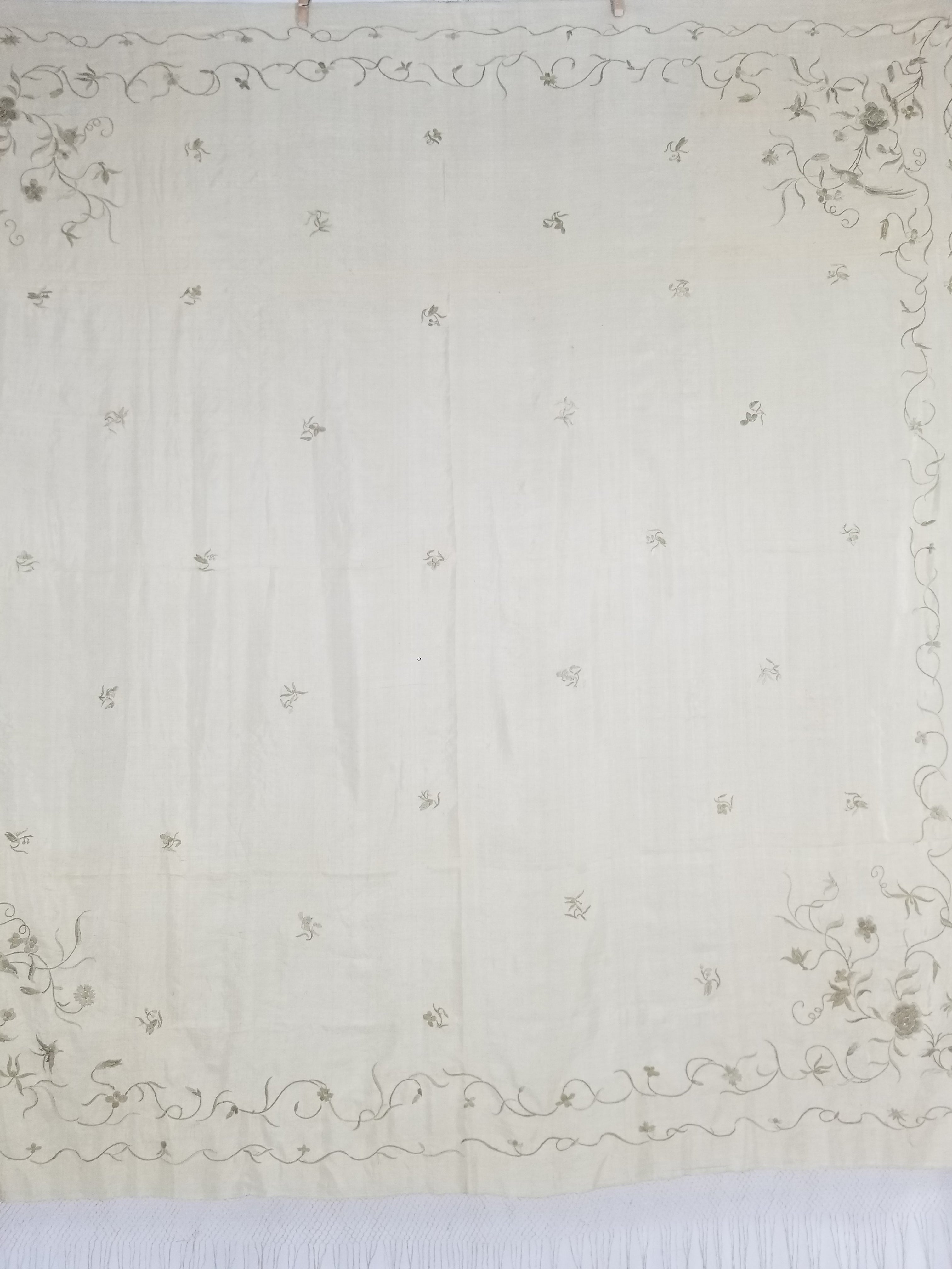 Antique Chinese Silk Hand Embroidered Floral Elizabeth Piano Shawl 168x162cm