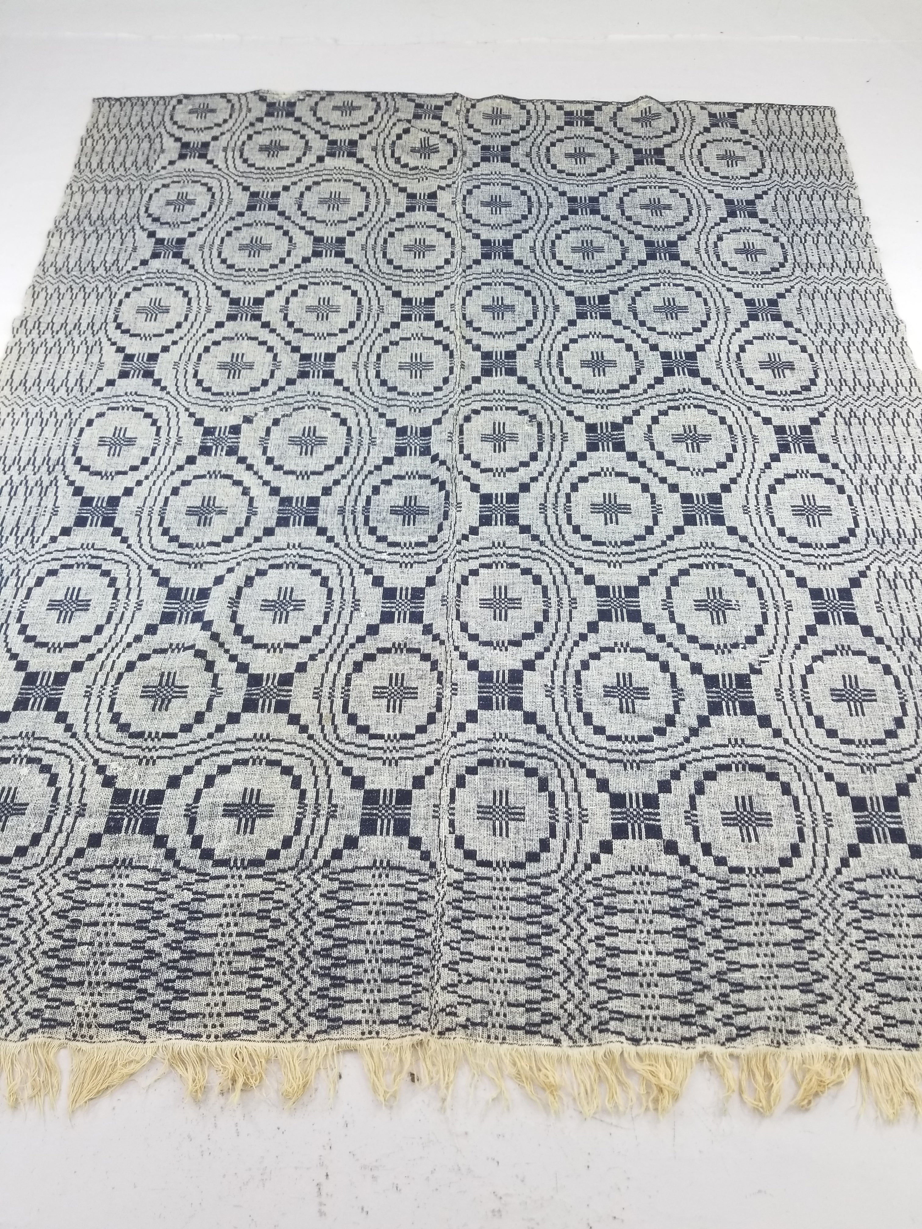 Vintage American Mid 19thC Jacquard-Loomed Reversible Wool Coverlet 238x194cm