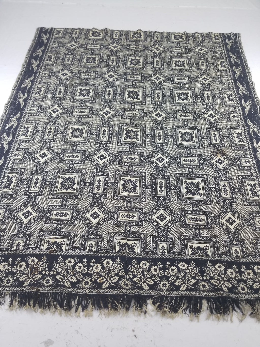 Antique American Jacquard Loom Reversible Folk Art Tapestry Blanket Throw 228x188cm