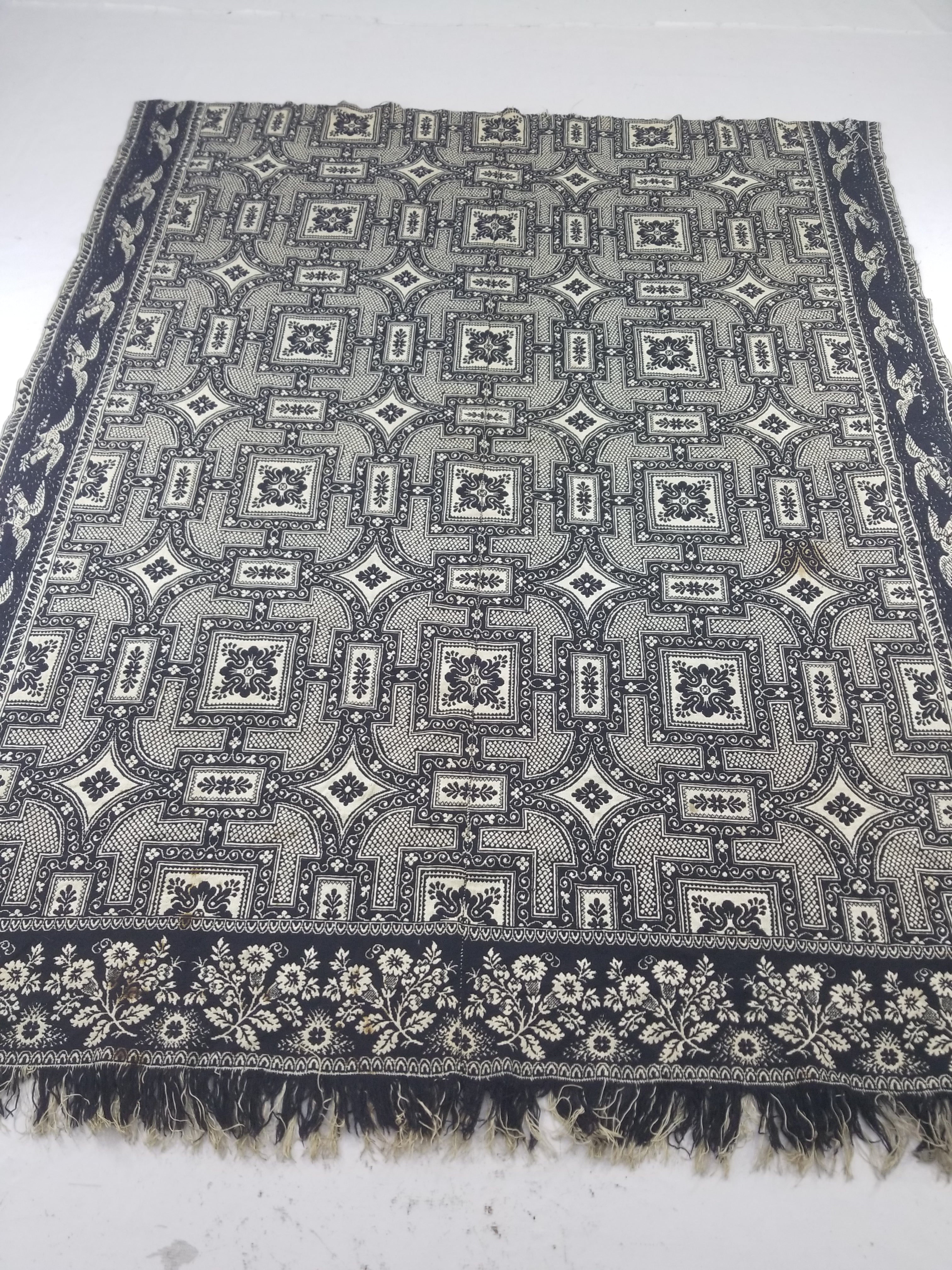 Antique American Jacquard Loom Reversible Folk Art Tapestry Blanket Throw 228x188cm