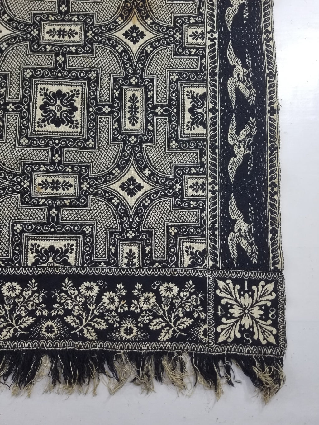 Antique American Jacquard Loom Reversible Folk Art Tapestry Blanket Throw 228x188cm
