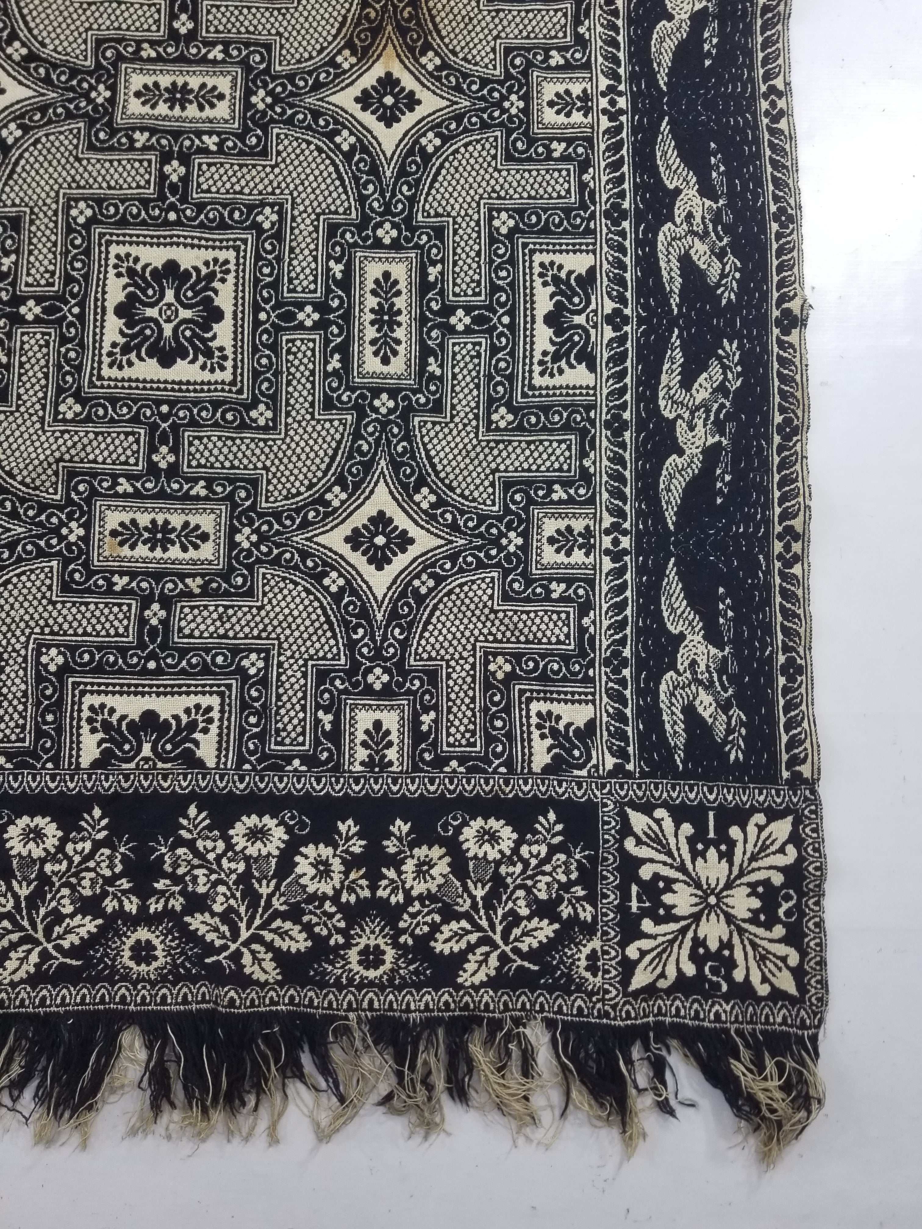 Antique American Jacquard Loom Reversible Folk Art Tapestry Blanket Throw 228x188cm