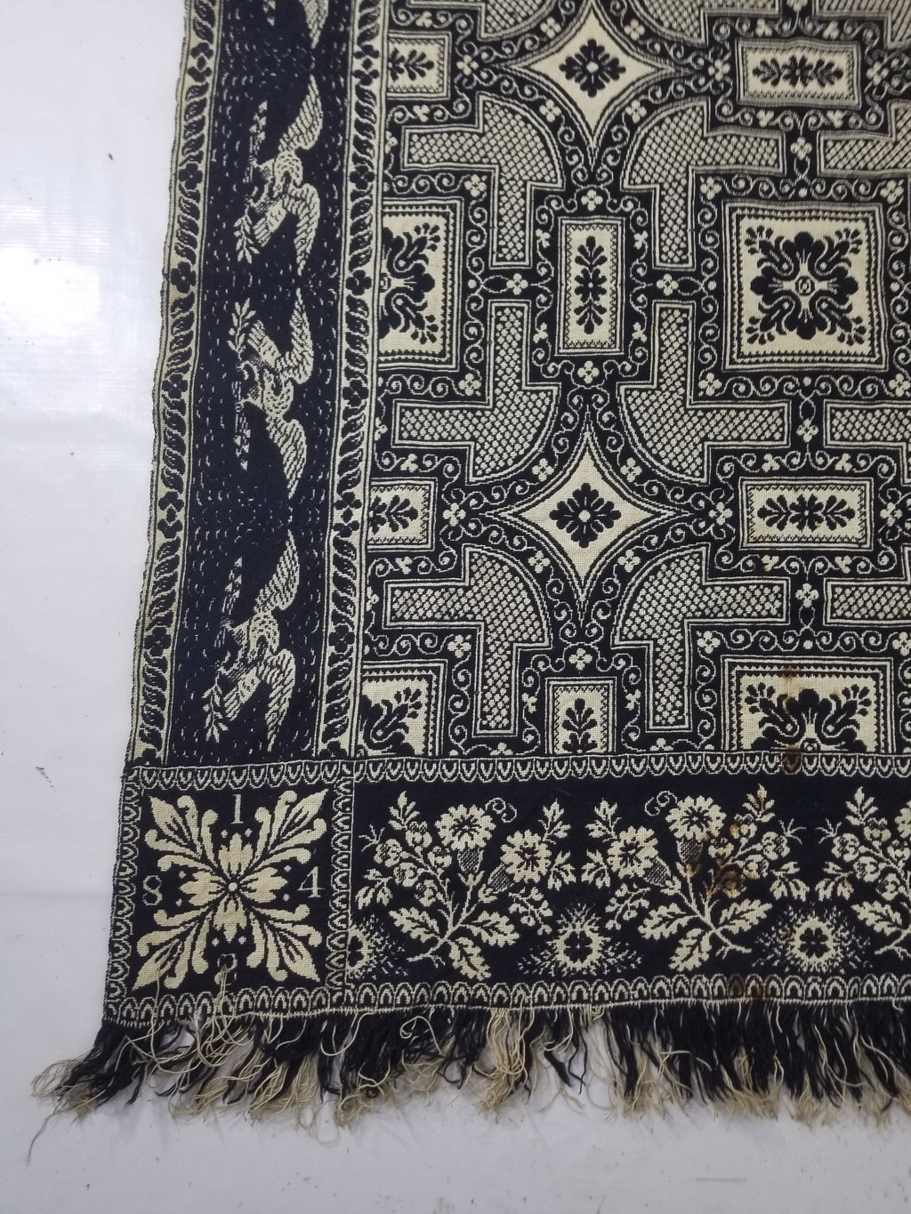 Antique American Jacquard Loom Reversible Folk Art Tapestry Blanket Throw 228x188cm