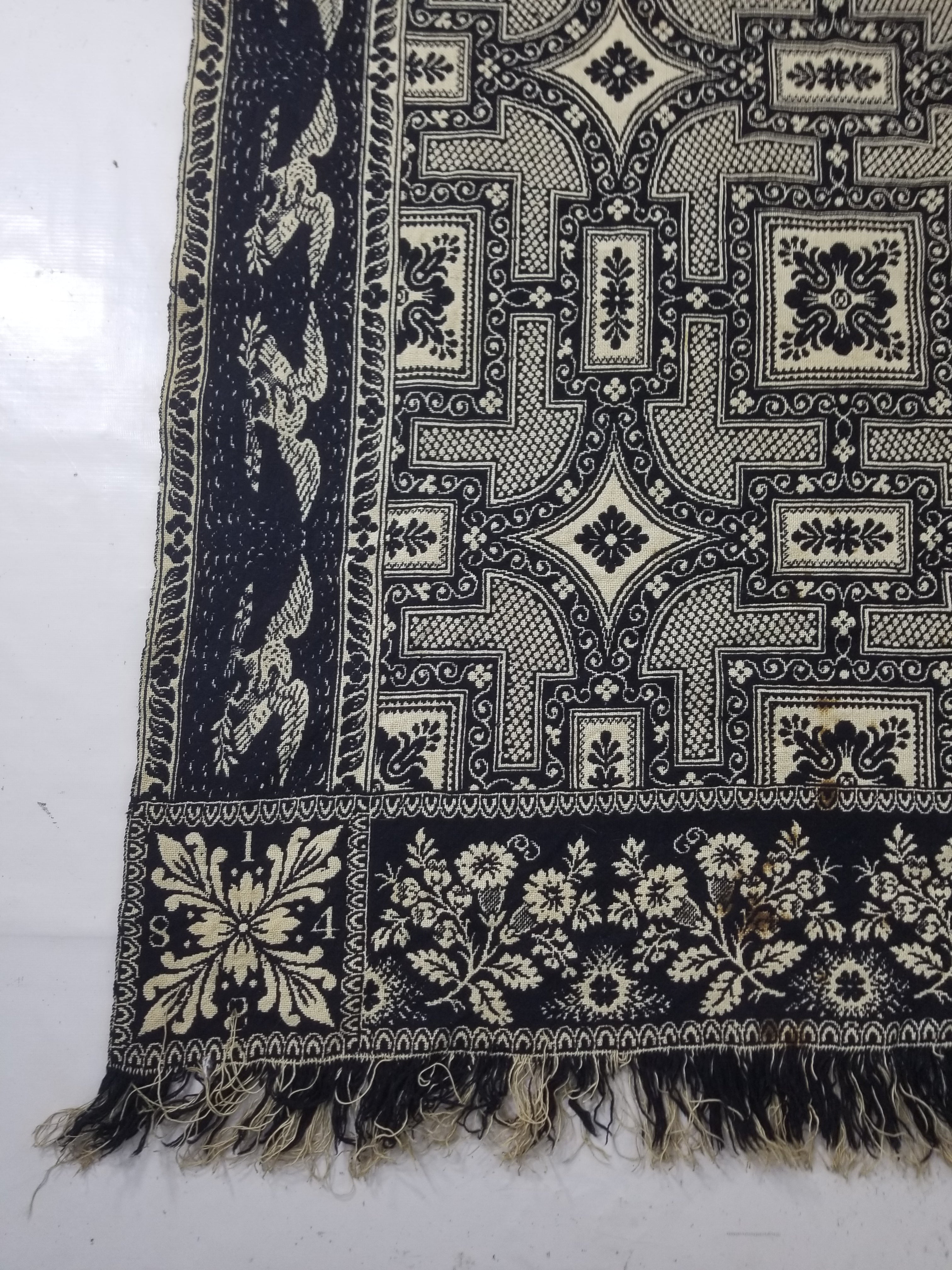 Antique American Jacquard Loom Reversible Folk Art Tapestry Blanket Throw 228x188cm