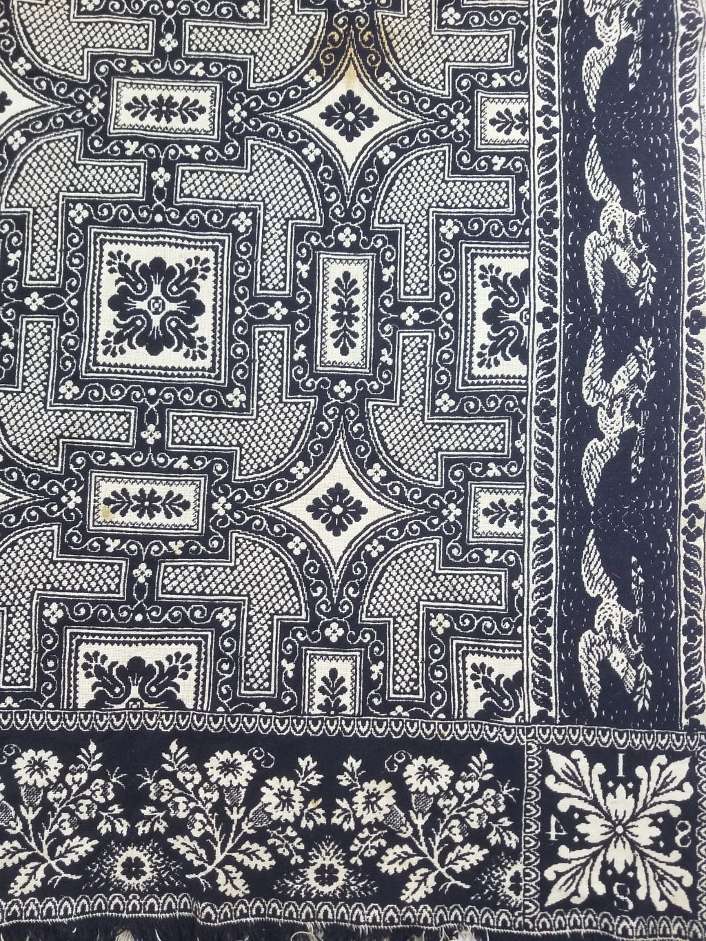 Antique American Jacquard Loom Reversible Folk Art Tapestry Blanket Throw 228x188cm