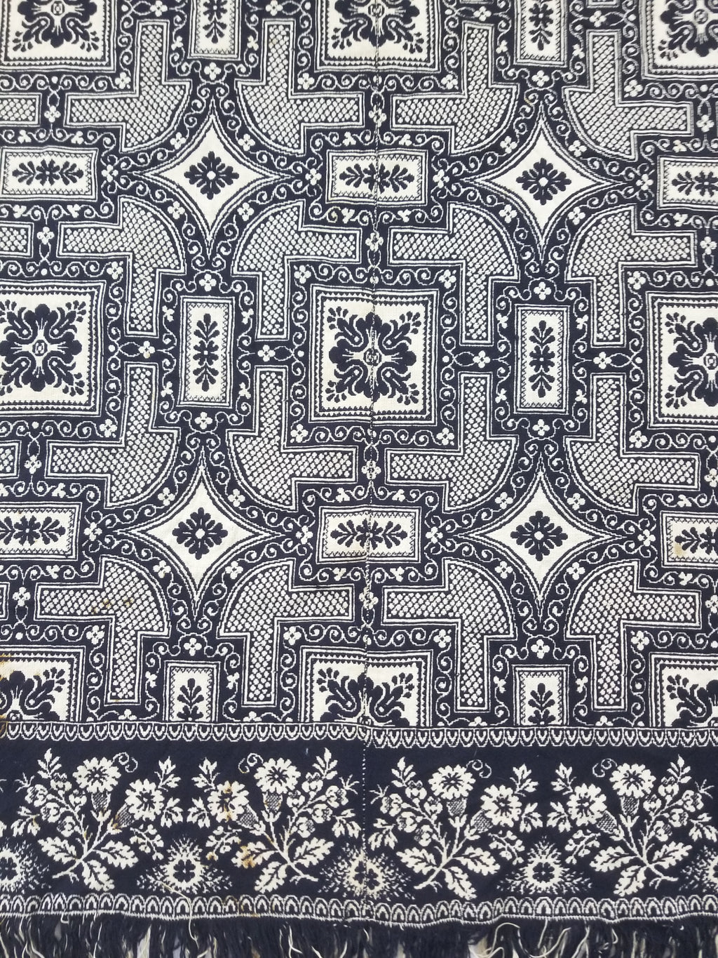 Antique American Jacquard Loom Reversible Folk Art Tapestry Blanket Throw 228x188cm