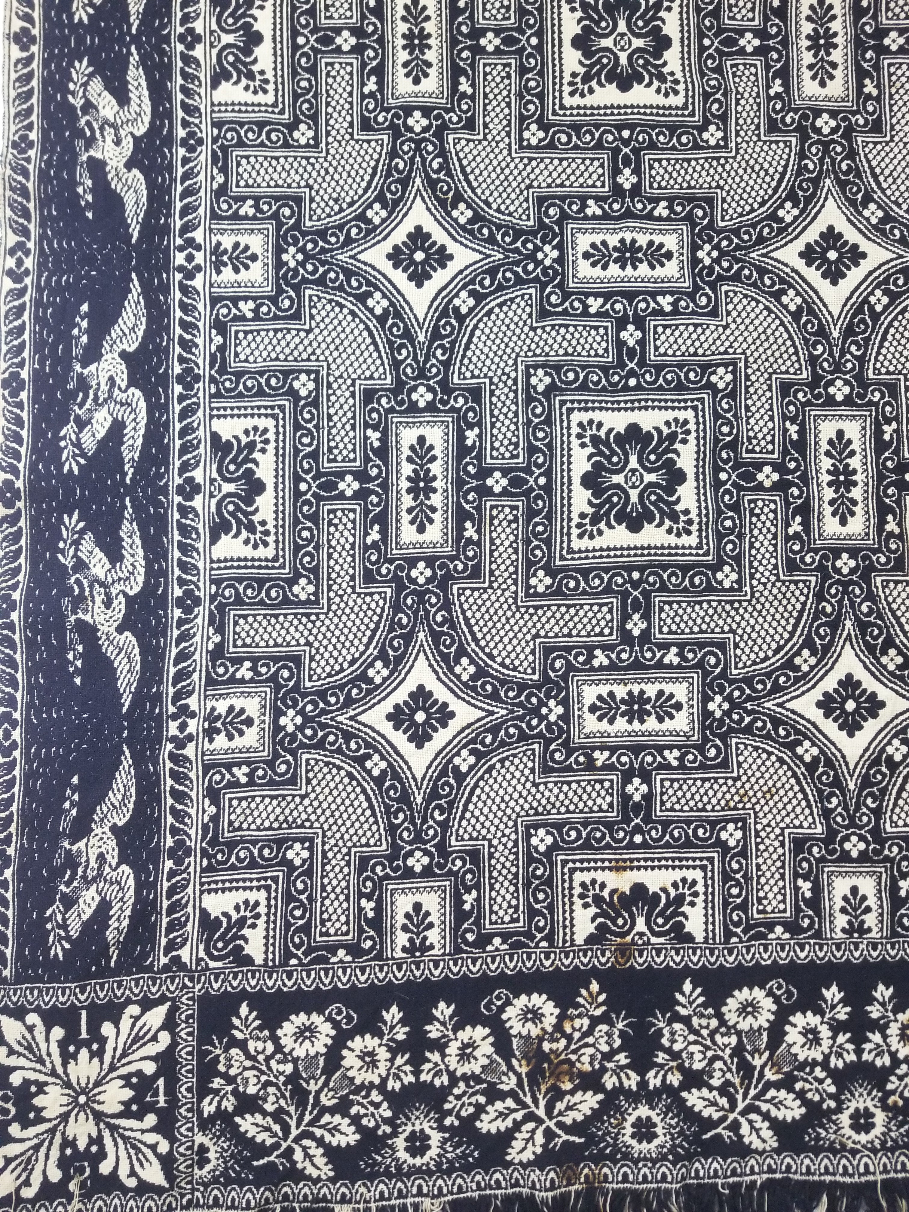 Antique American Jacquard Loom Reversible Folk Art Tapestry Blanket Throw 228x188cm