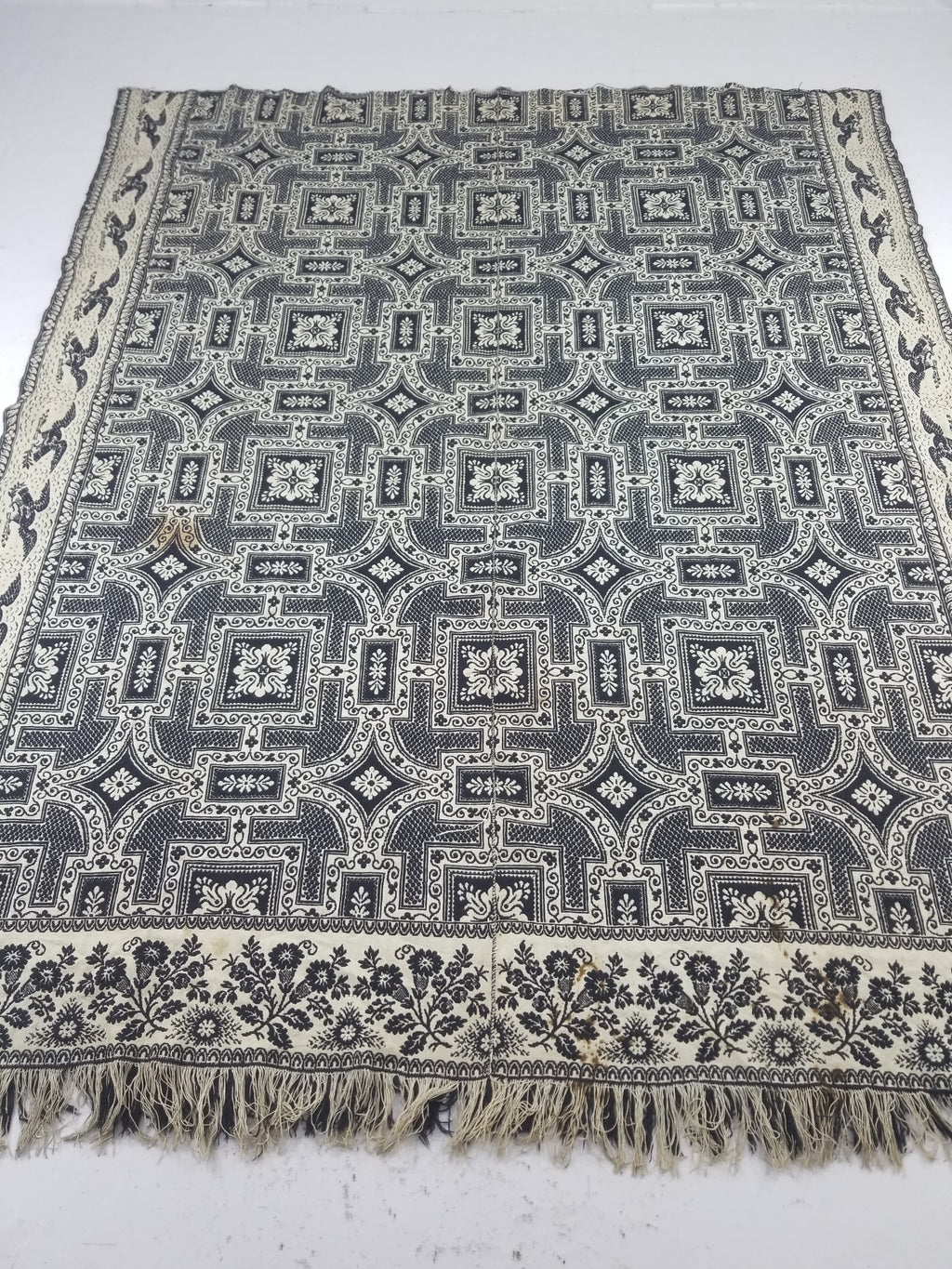 Antique American Jacquard Loom Reversible Folk Art Tapestry Blanket Throw 228x188cm