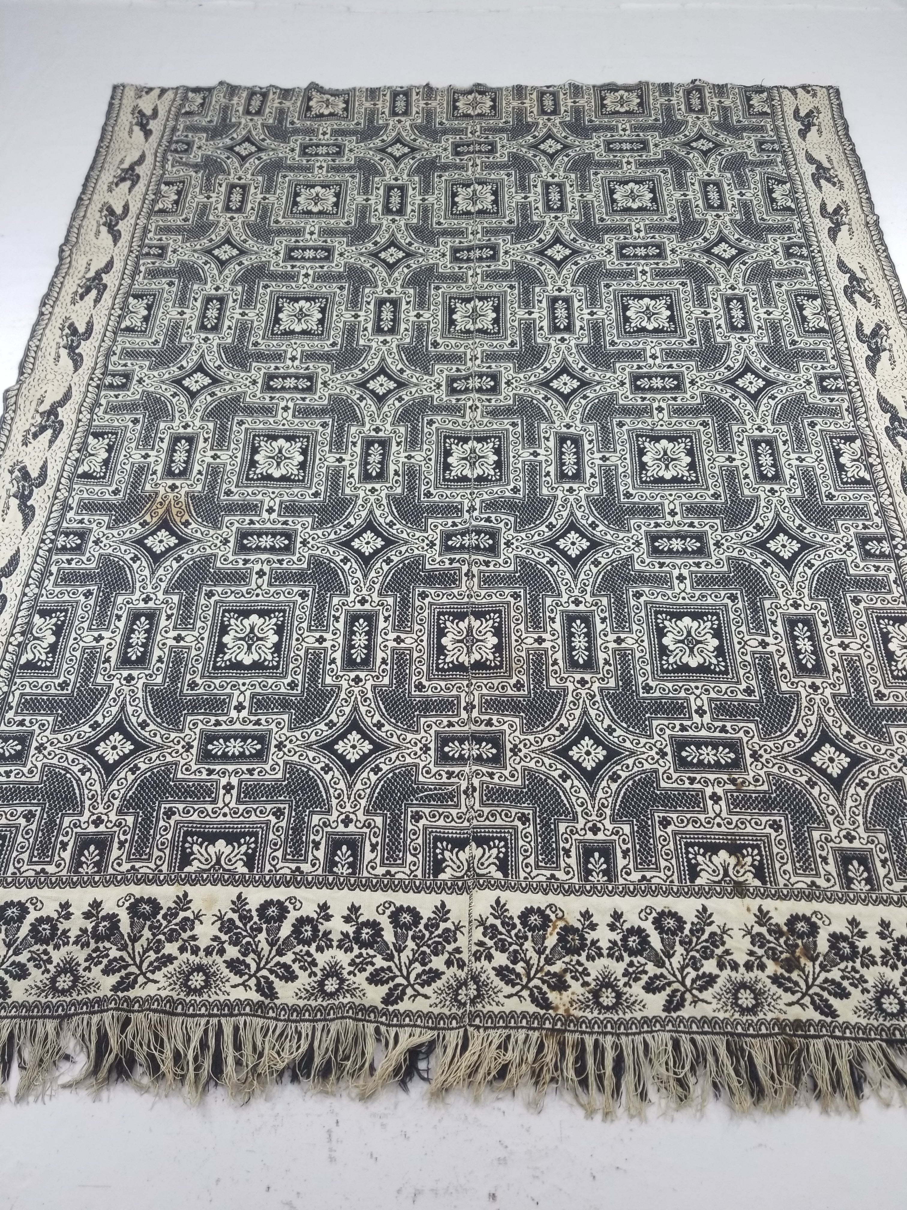 Antique American Jacquard Loom Reversible Folk Art Tapestry Blanket Throw 228x188cm
