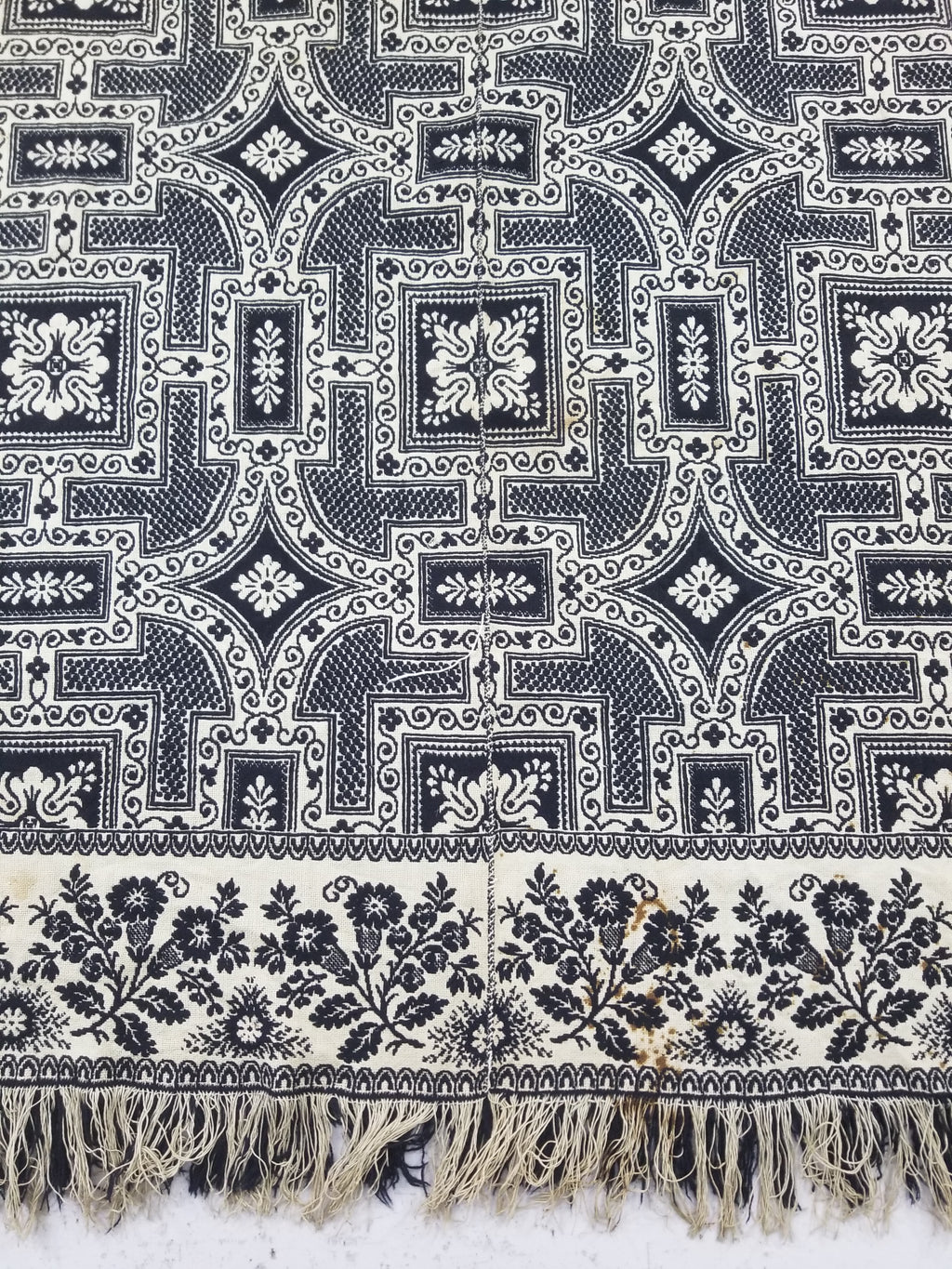 Antique American Jacquard Loom Reversible Folk Art Tapestry Blanket Throw 228x188cm