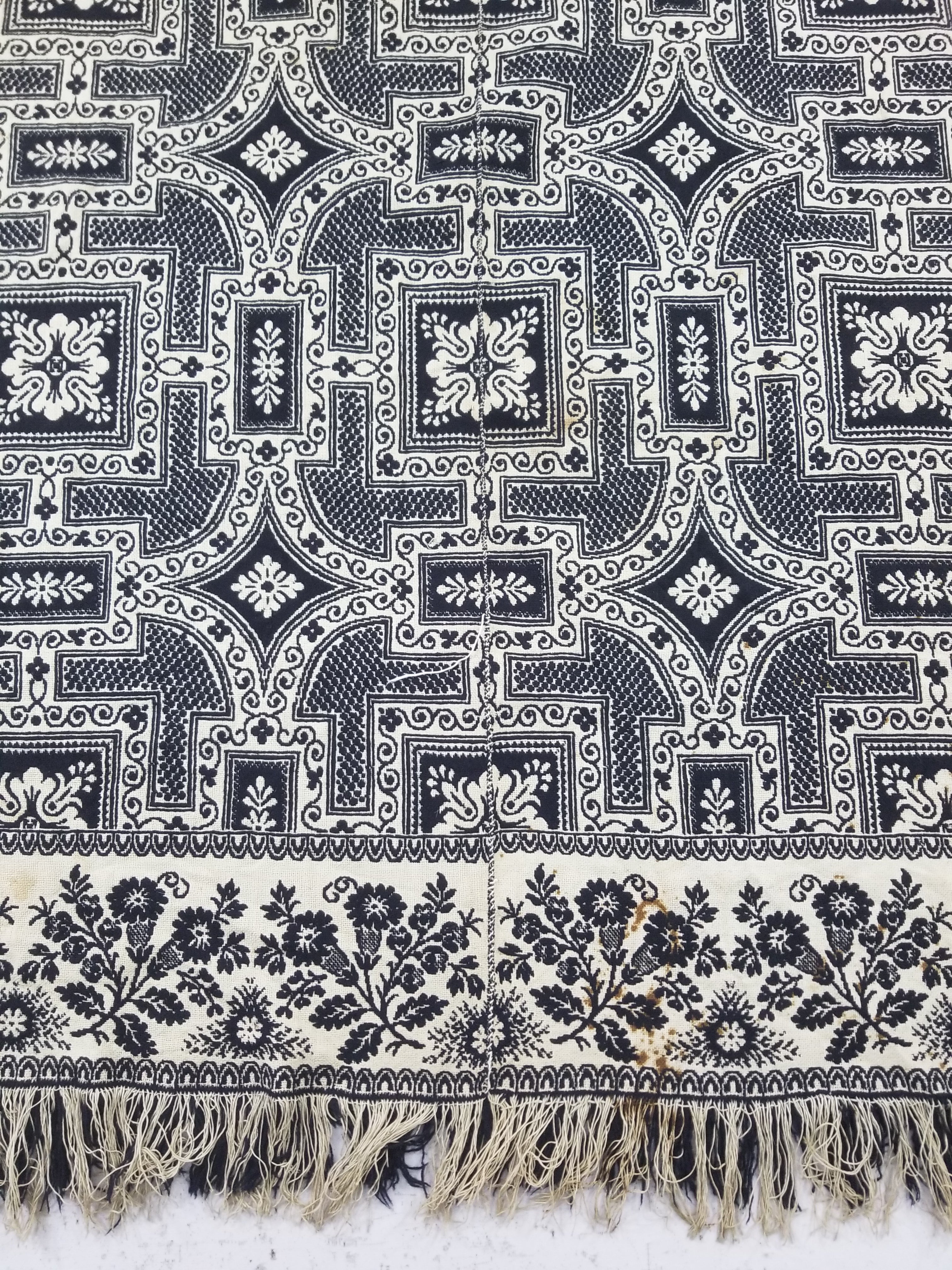Antique American Jacquard Loom Reversible Folk Art Tapestry Blanket Throw 228x188cm