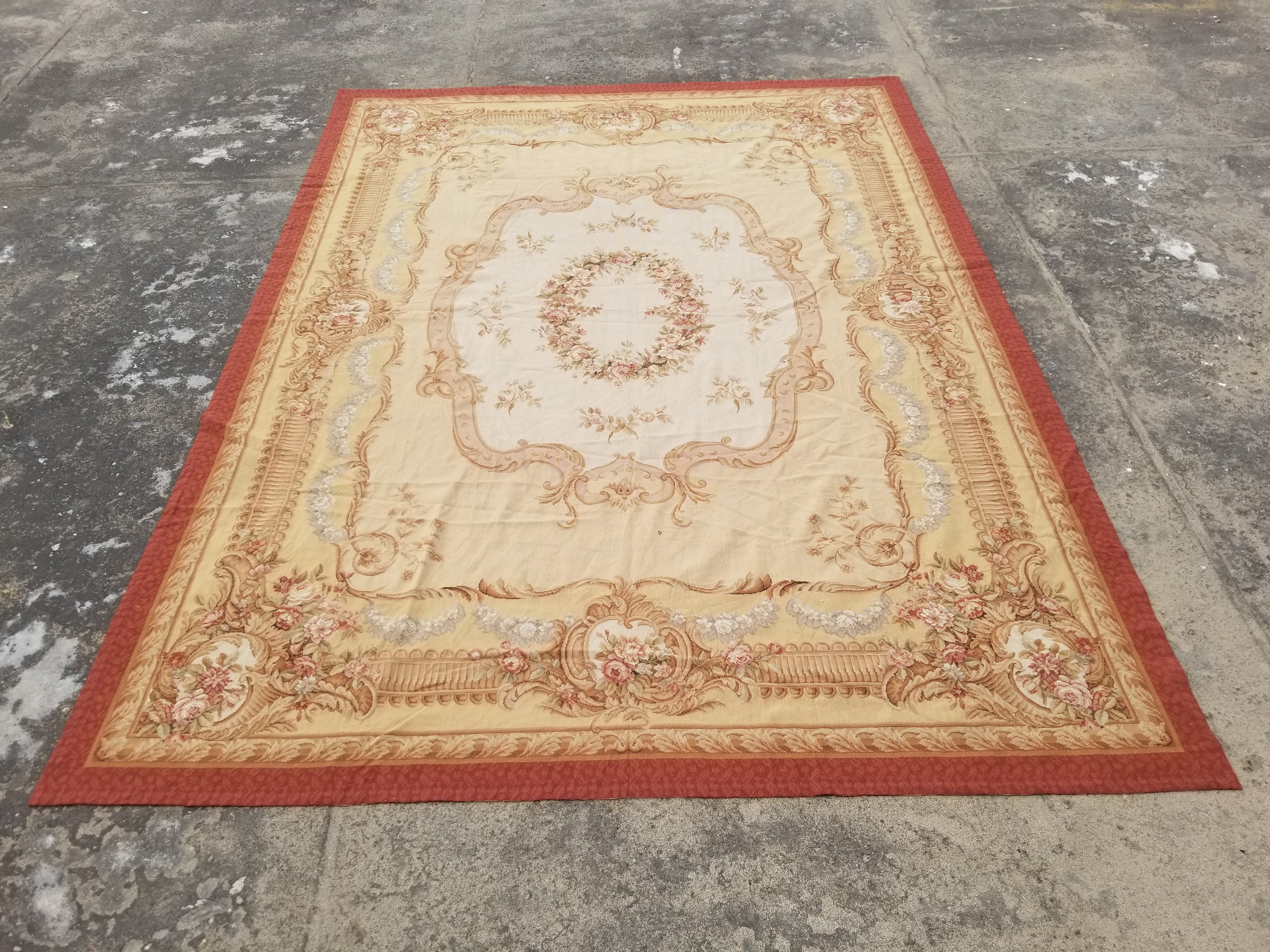 Antique French Aubusson Ornate Floral Wool Area Rug 355x257cm