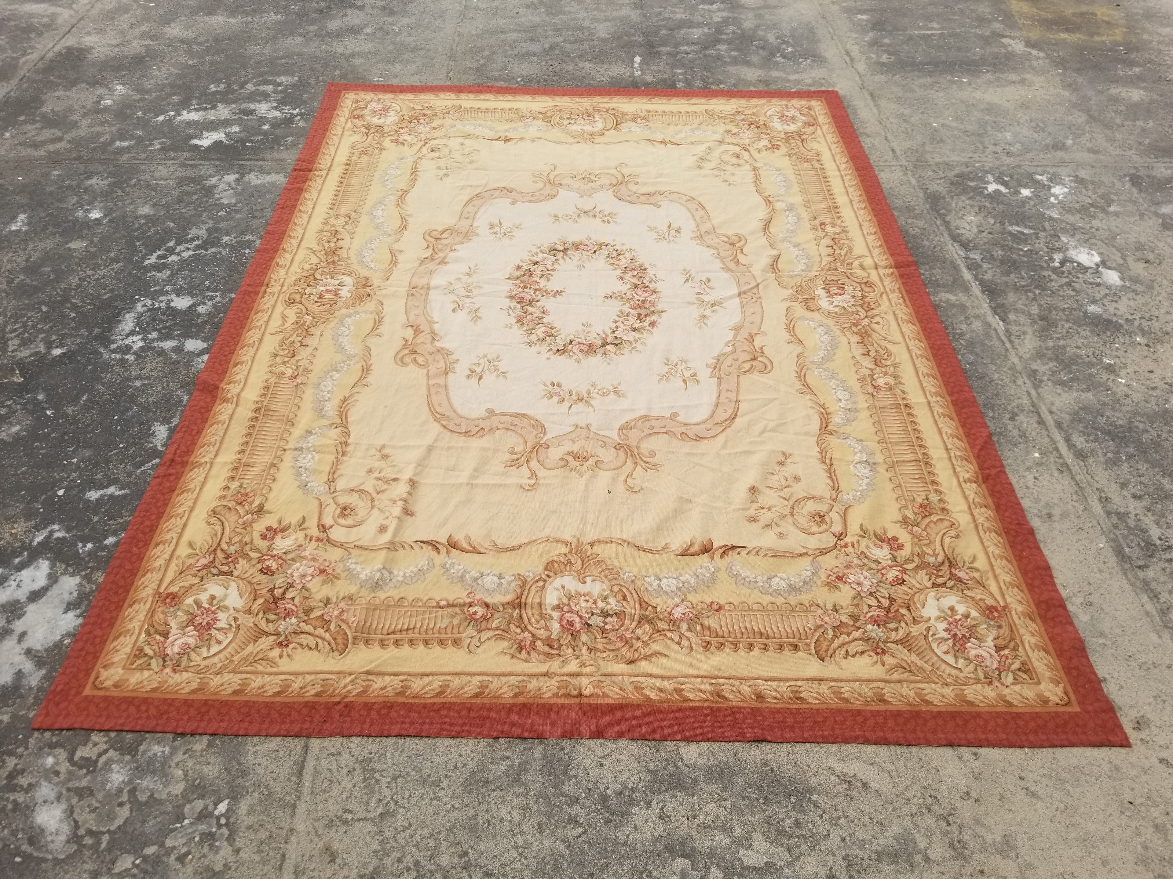 Antique French Aubusson Ornate Floral Wool Area Rug 355x257cm