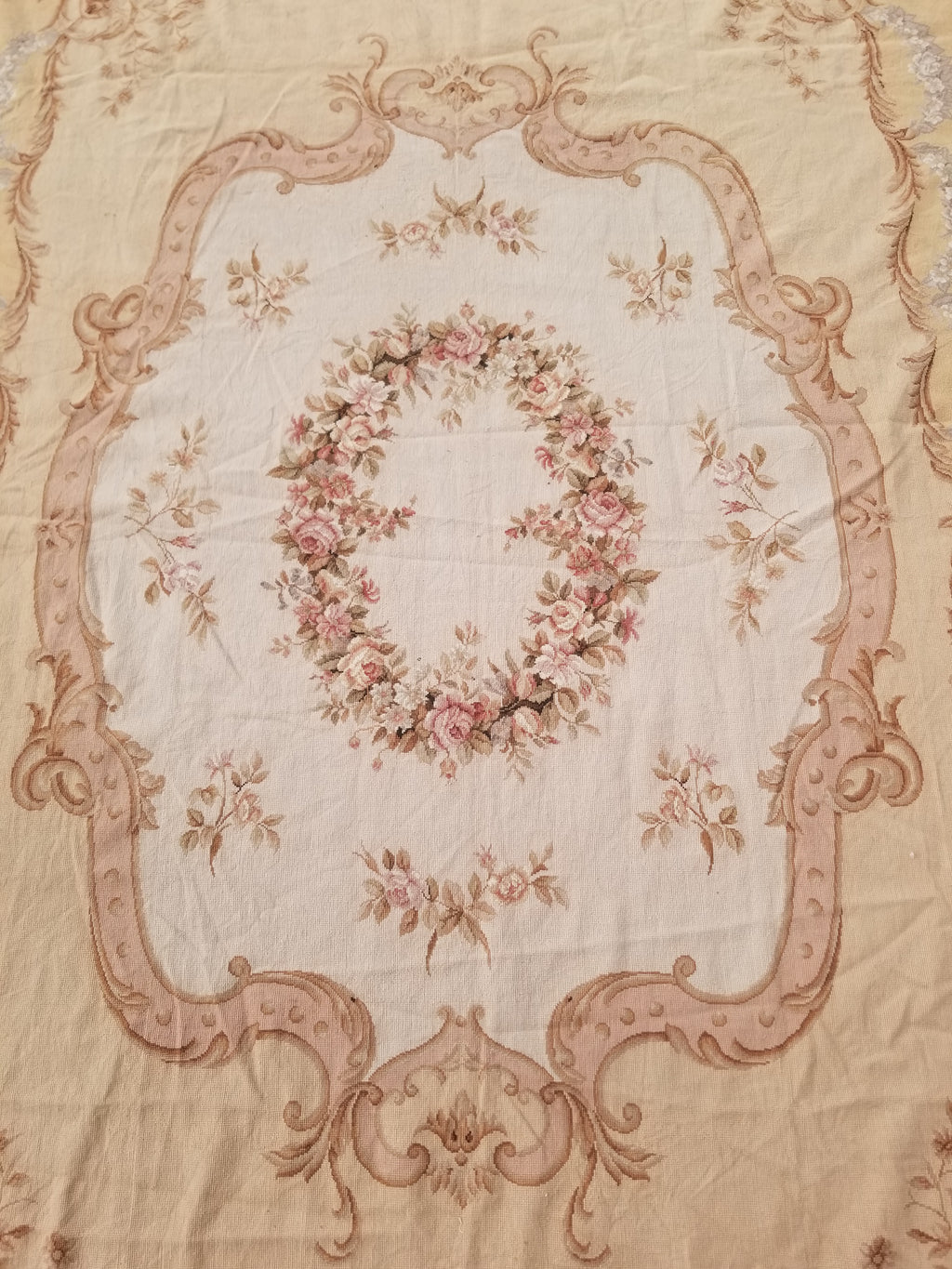 Antique French Aubusson Ornate Floral Wool Area Rug 355x257cm