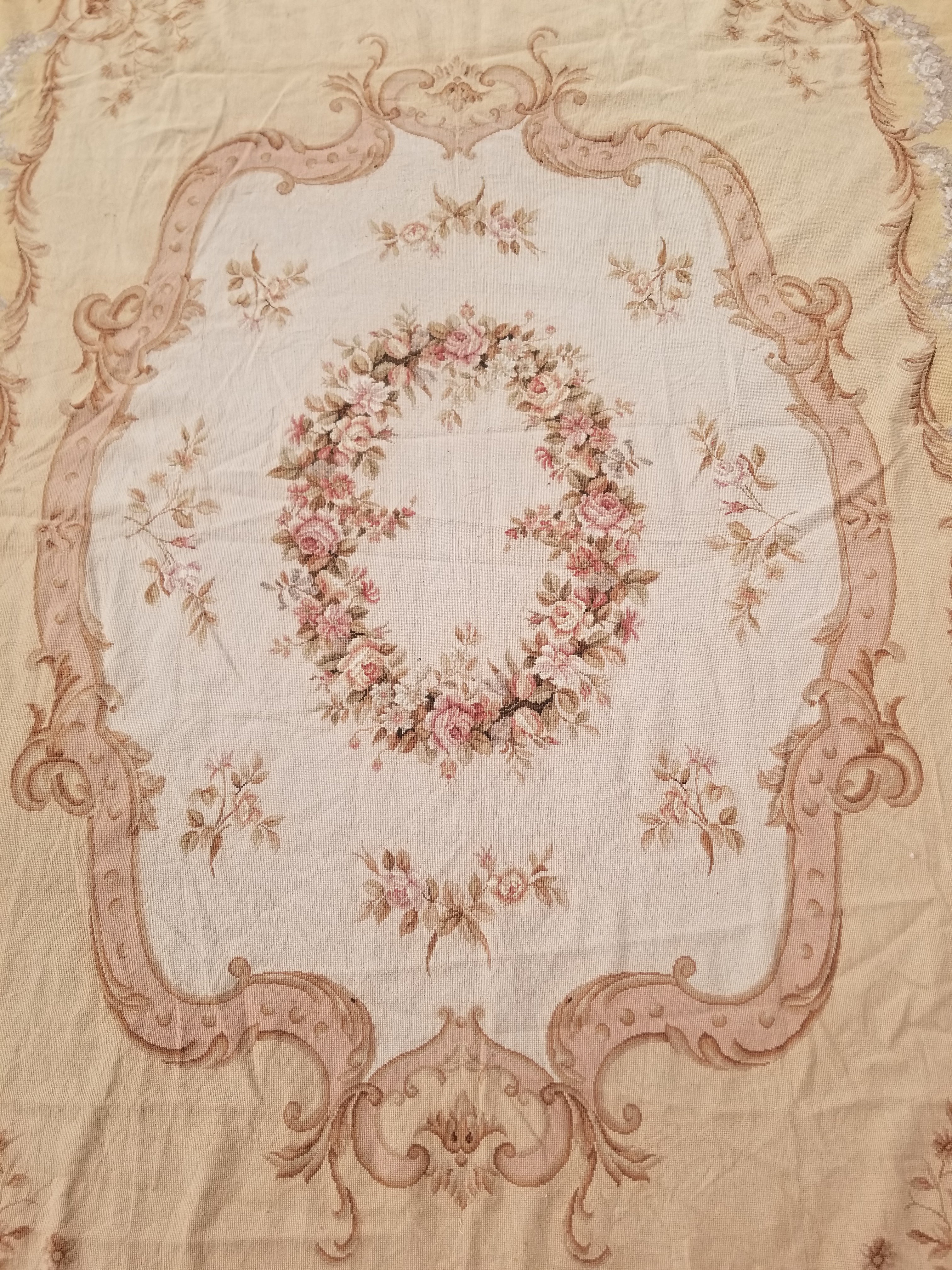 Antique French Aubusson Ornate Floral Wool Area Rug 355x257cm