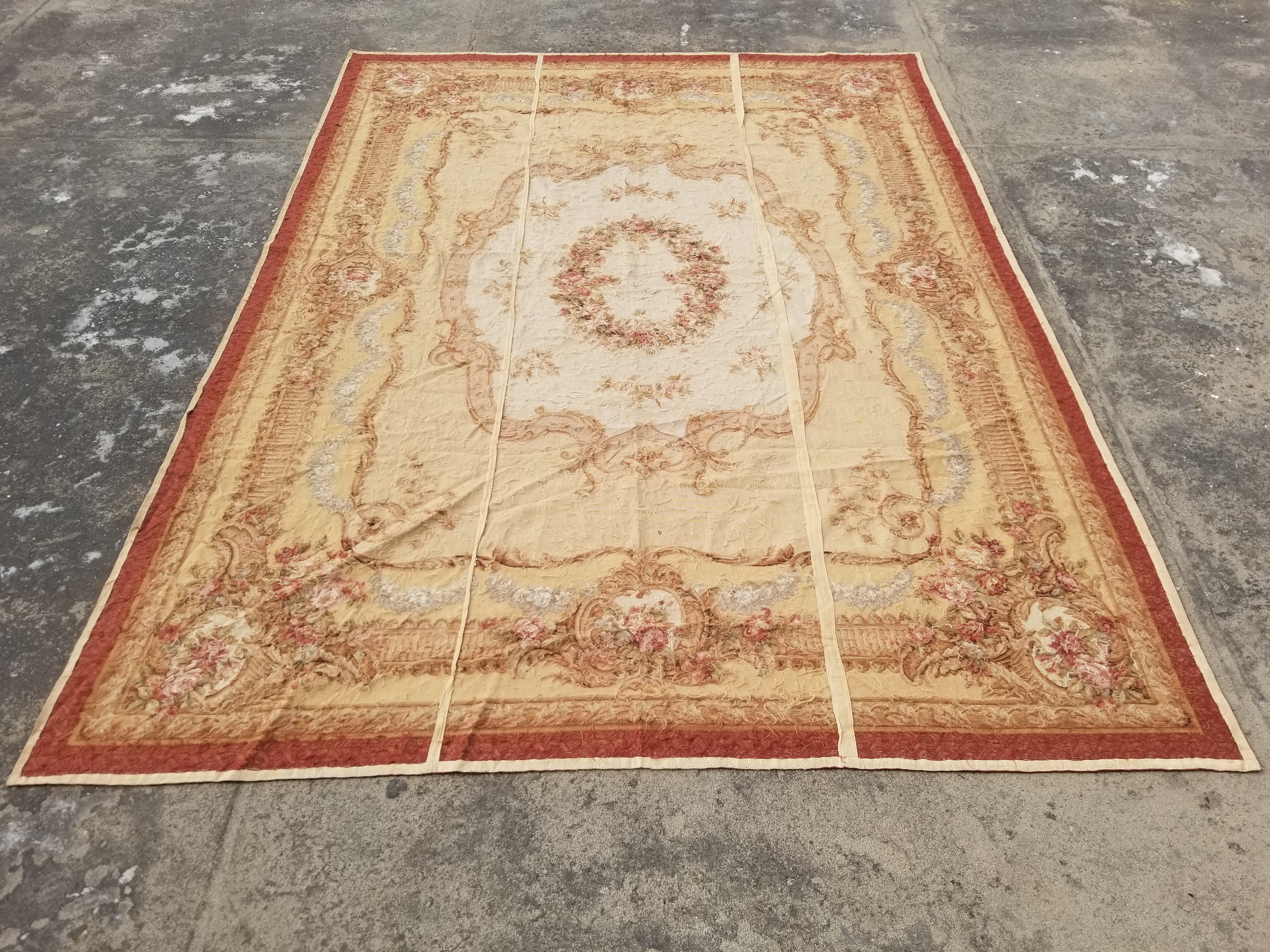 Antique French Aubusson Ornate Floral Wool Area Rug 355x257cm