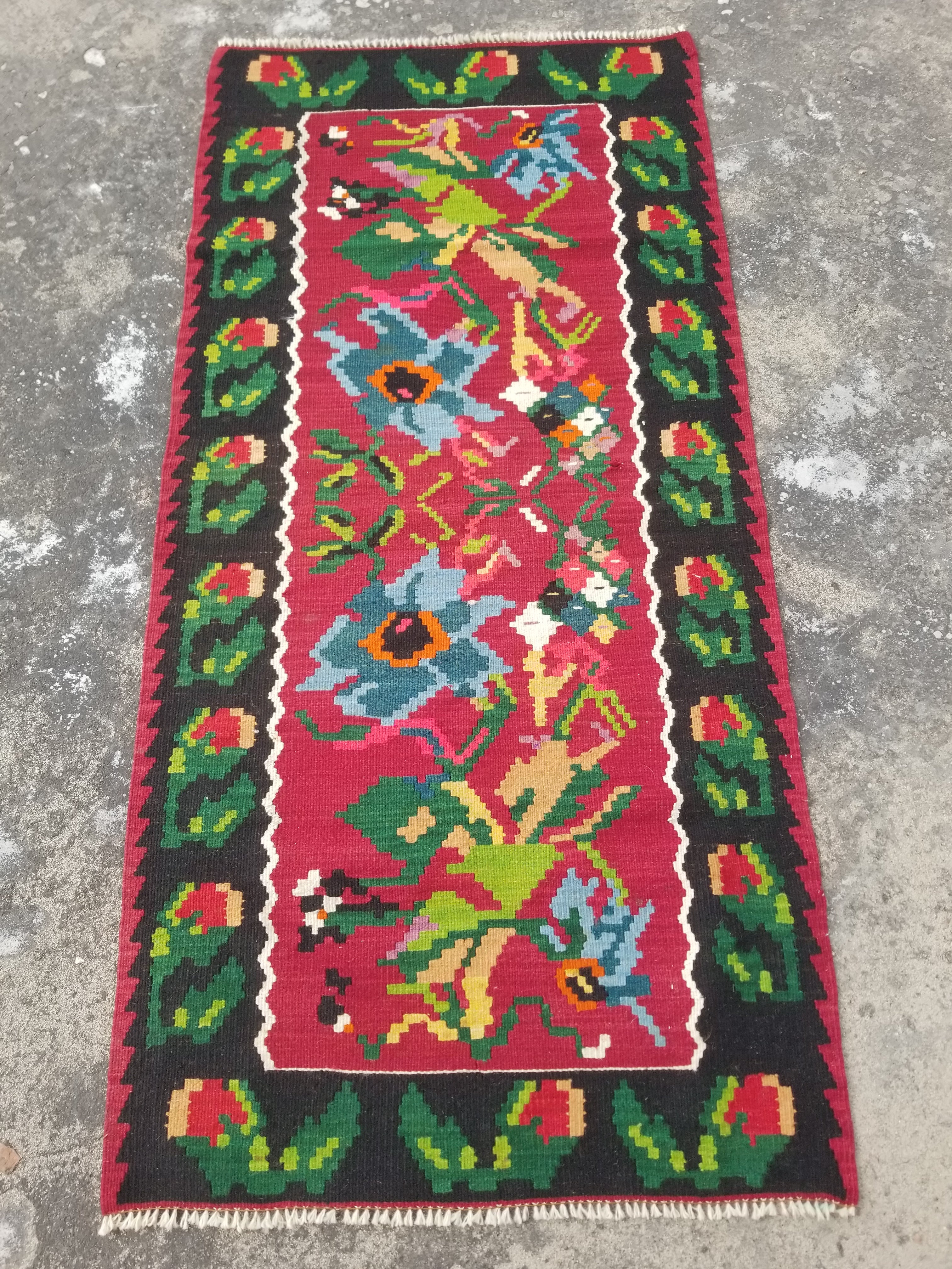 Vintage Traditional Handwoven Romanian Wool Multicolor Kilim 195x93cm