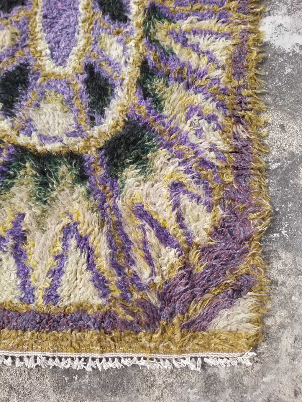 Vintage Traditional Handwoven Swedish Abstract Design Wool Rya Shag Rug 140x73cm
