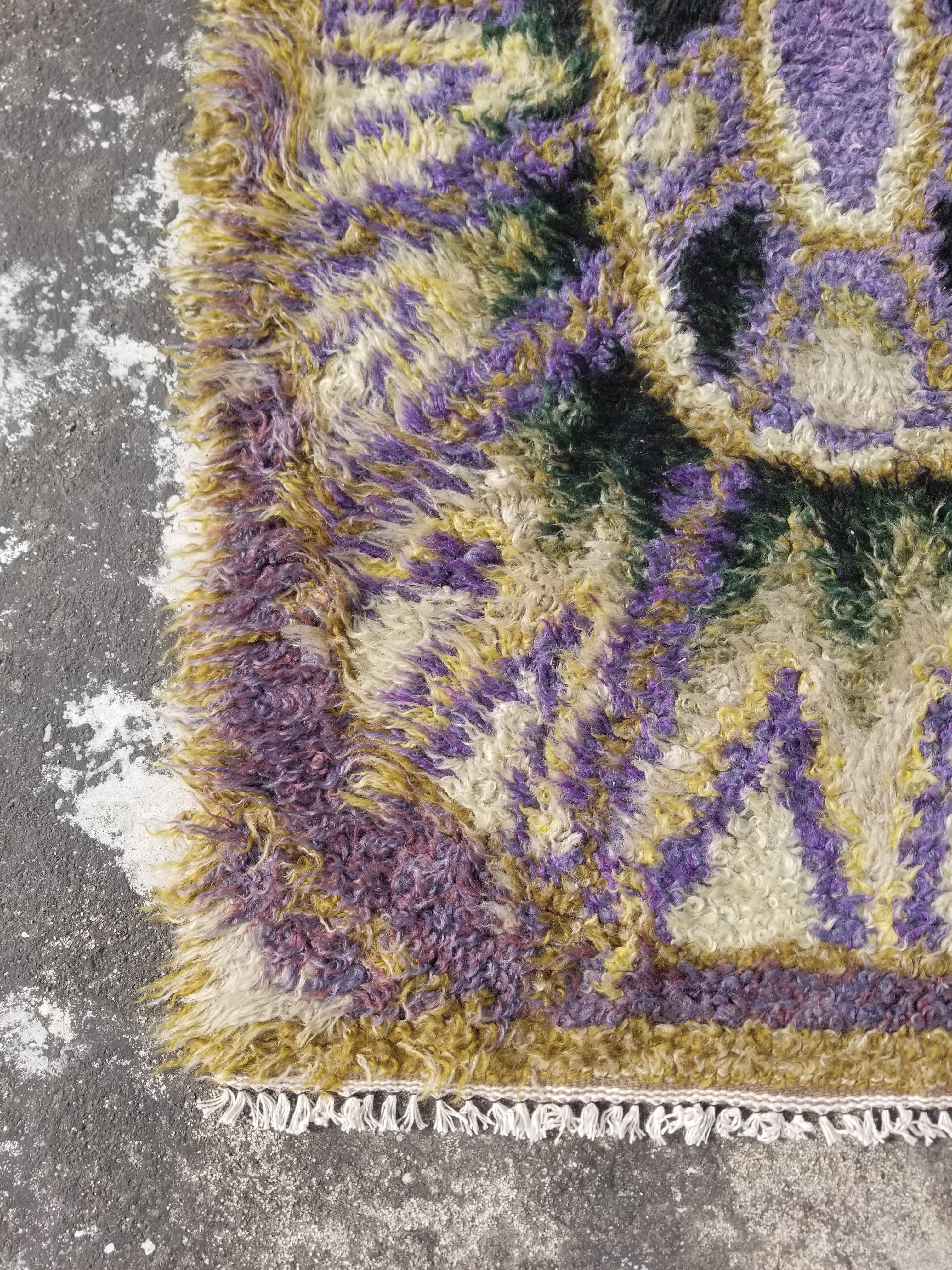 Vintage Traditional Handwoven Swedish Abstract Design Wool Rya Shag Rug 140x73cm