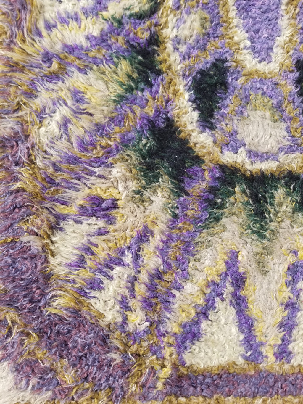 Vintage Traditional Handwoven Swedish Abstract Design Wool Rya Shag Rug 140x73cm