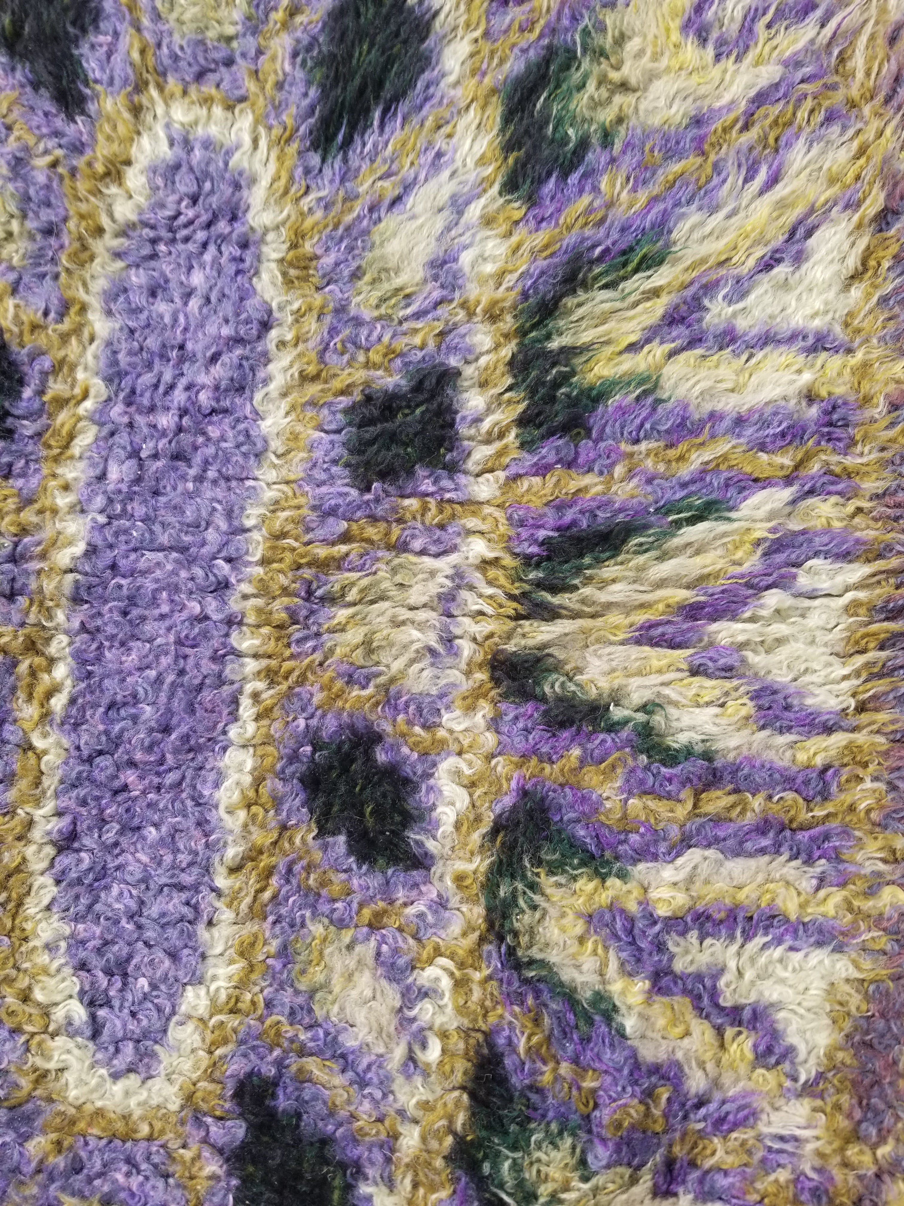 Vintage Traditional Handwoven Swedish Abstract Design Wool Rya Shag Rug 140x73cm