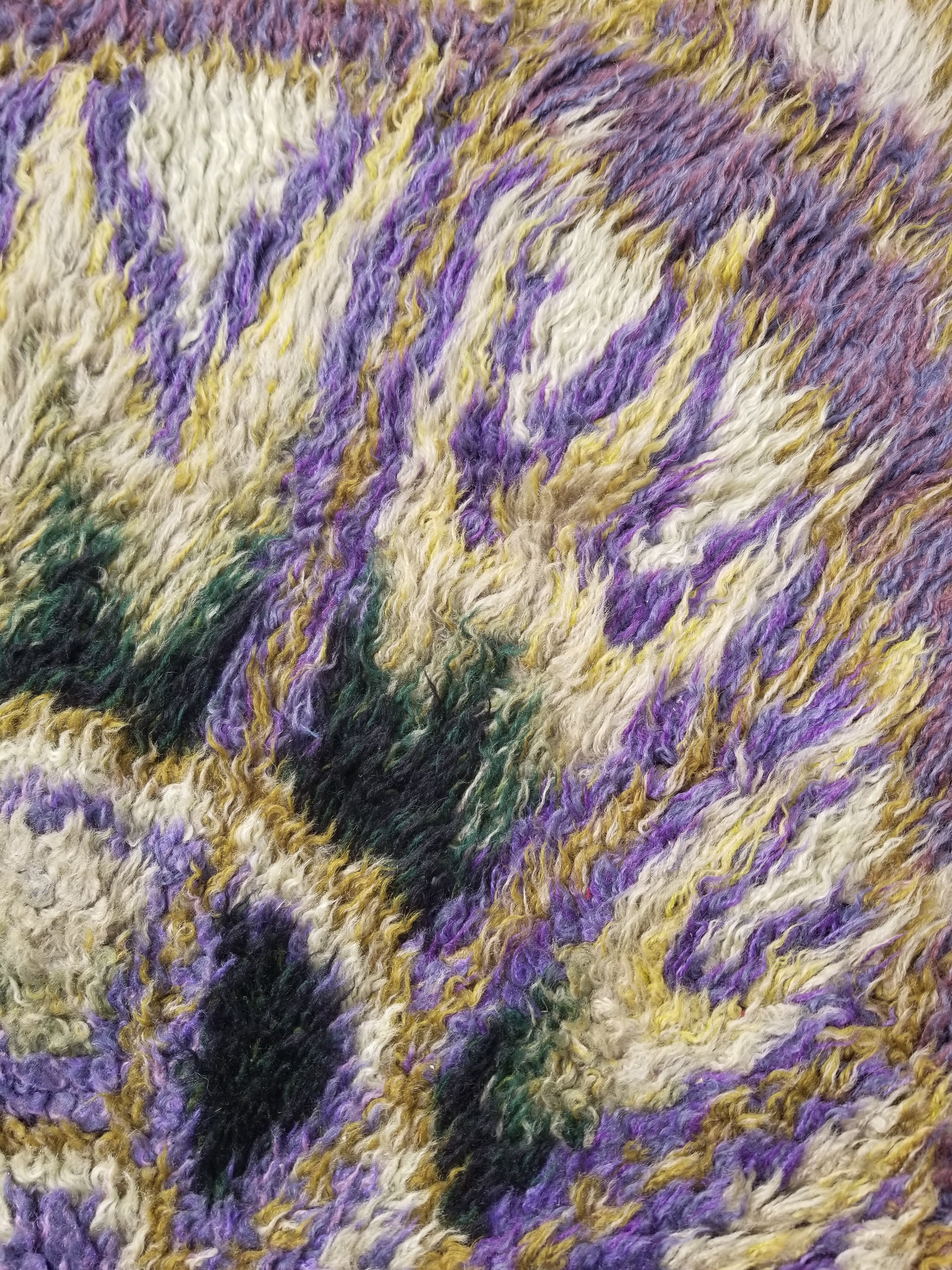 Vintage Traditional Handwoven Swedish Abstract Design Wool Rya Shag Rug 140x73cm