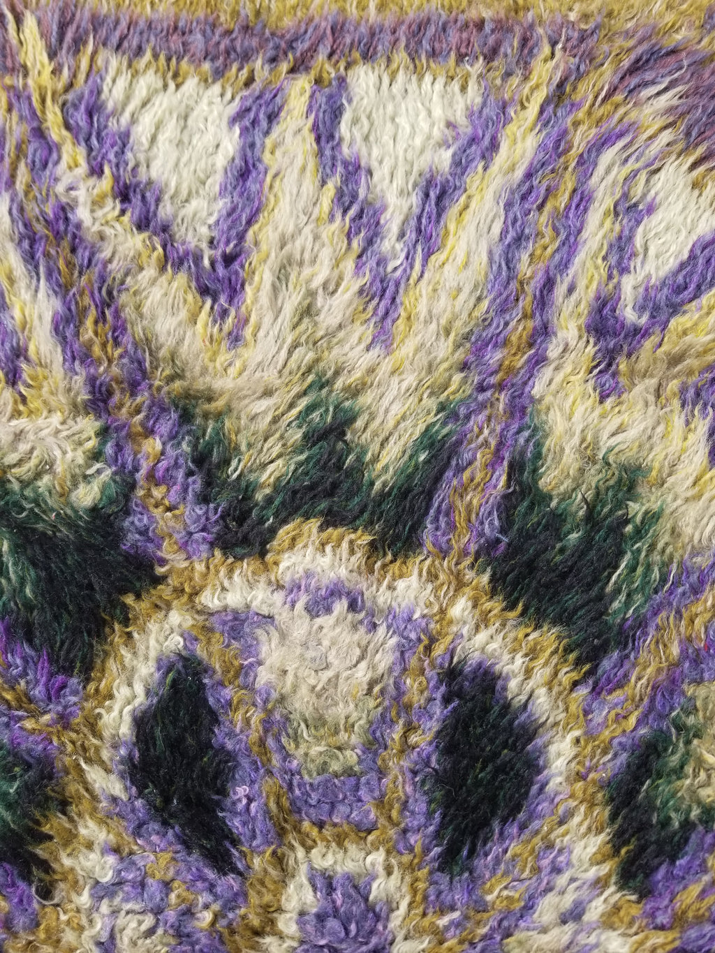 Vintage Traditional Handwoven Swedish Abstract Design Wool Rya Shag Rug 140x73cm
