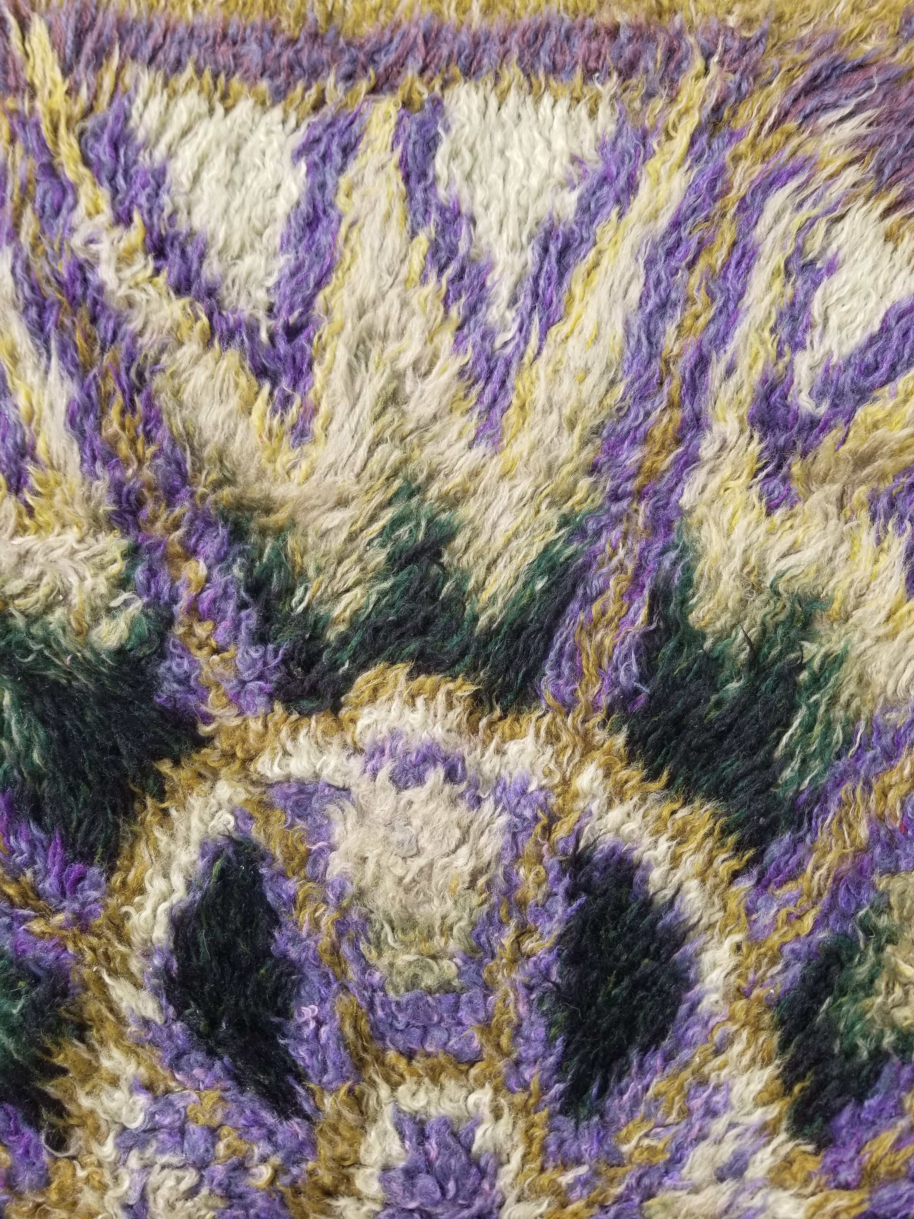 Vintage Traditional Handwoven Swedish Abstract Design Wool Rya Shag Rug 140x73cm