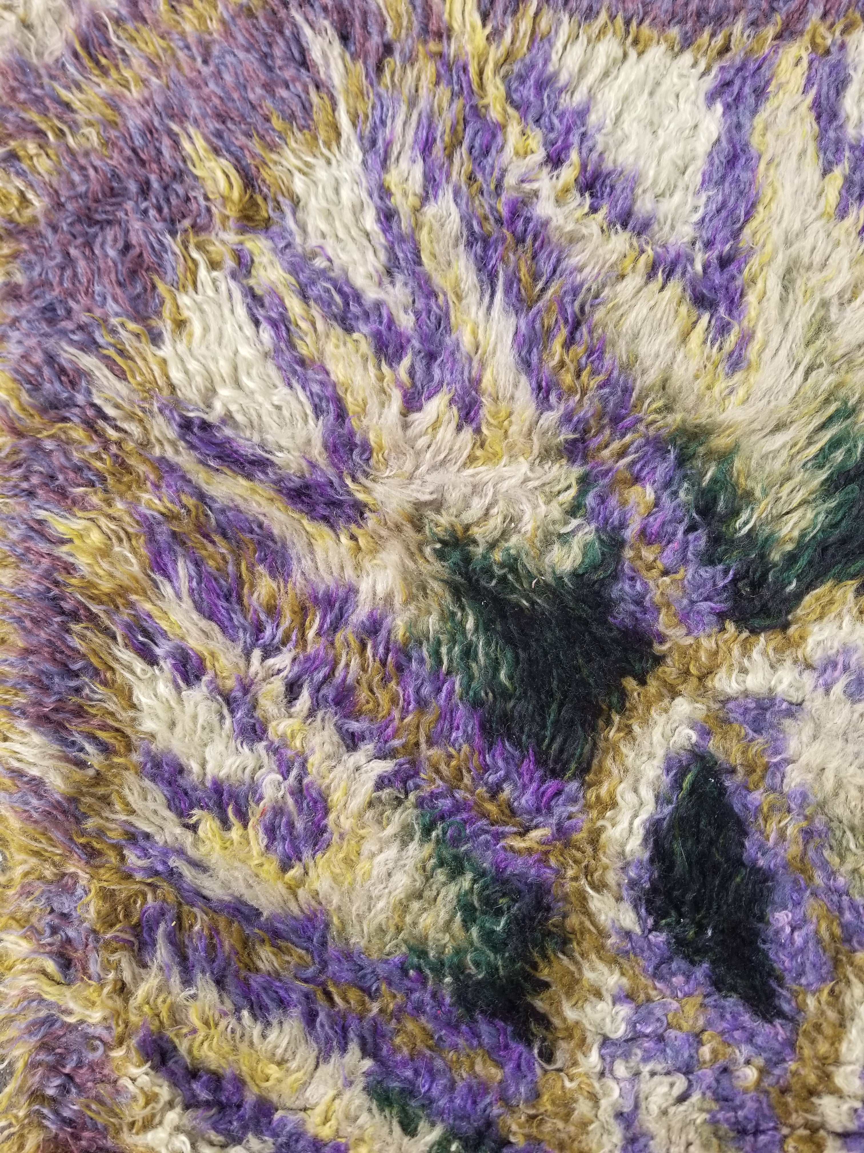 Vintage Traditional Handwoven Swedish Abstract Design Wool Rya Shag Rug 140x73cm