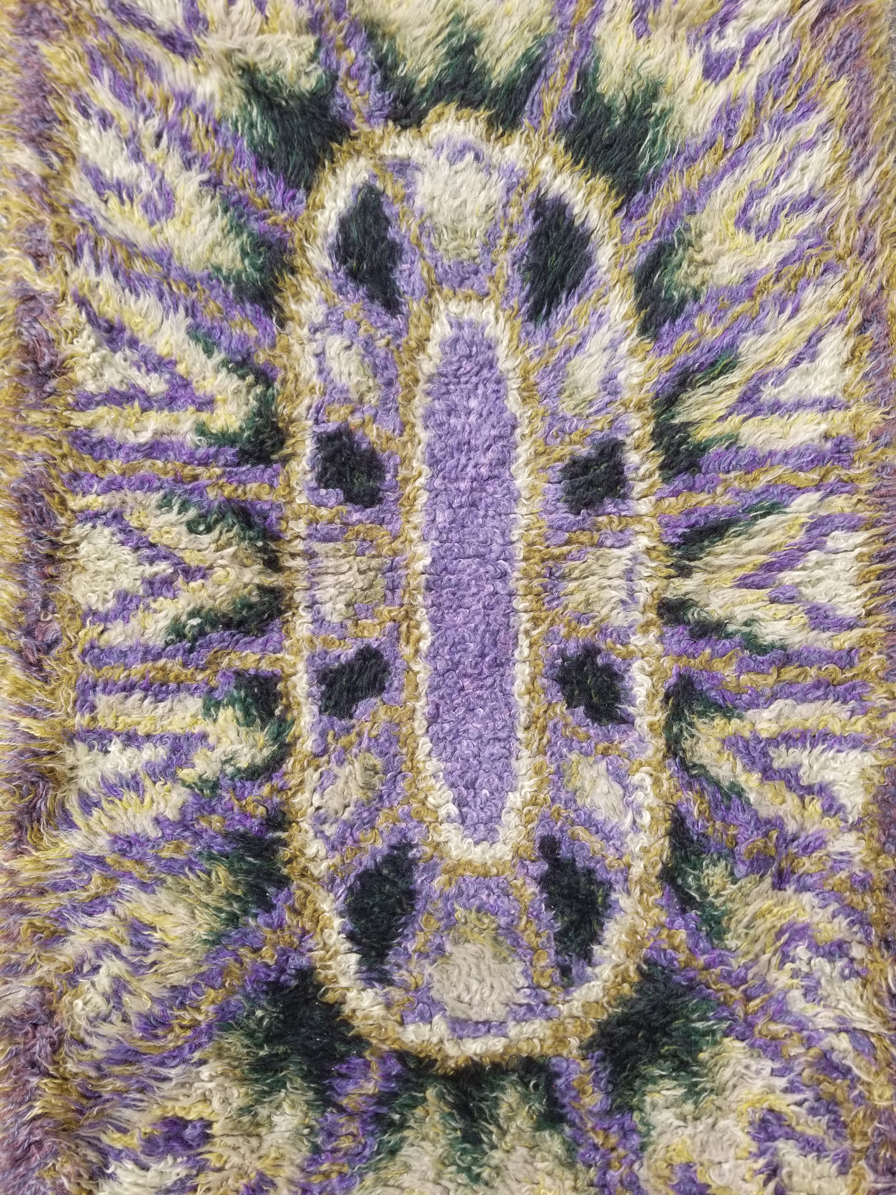 Vintage Traditional Handwoven Swedish Abstract Design Wool Rya Shag Rug 140x73cm