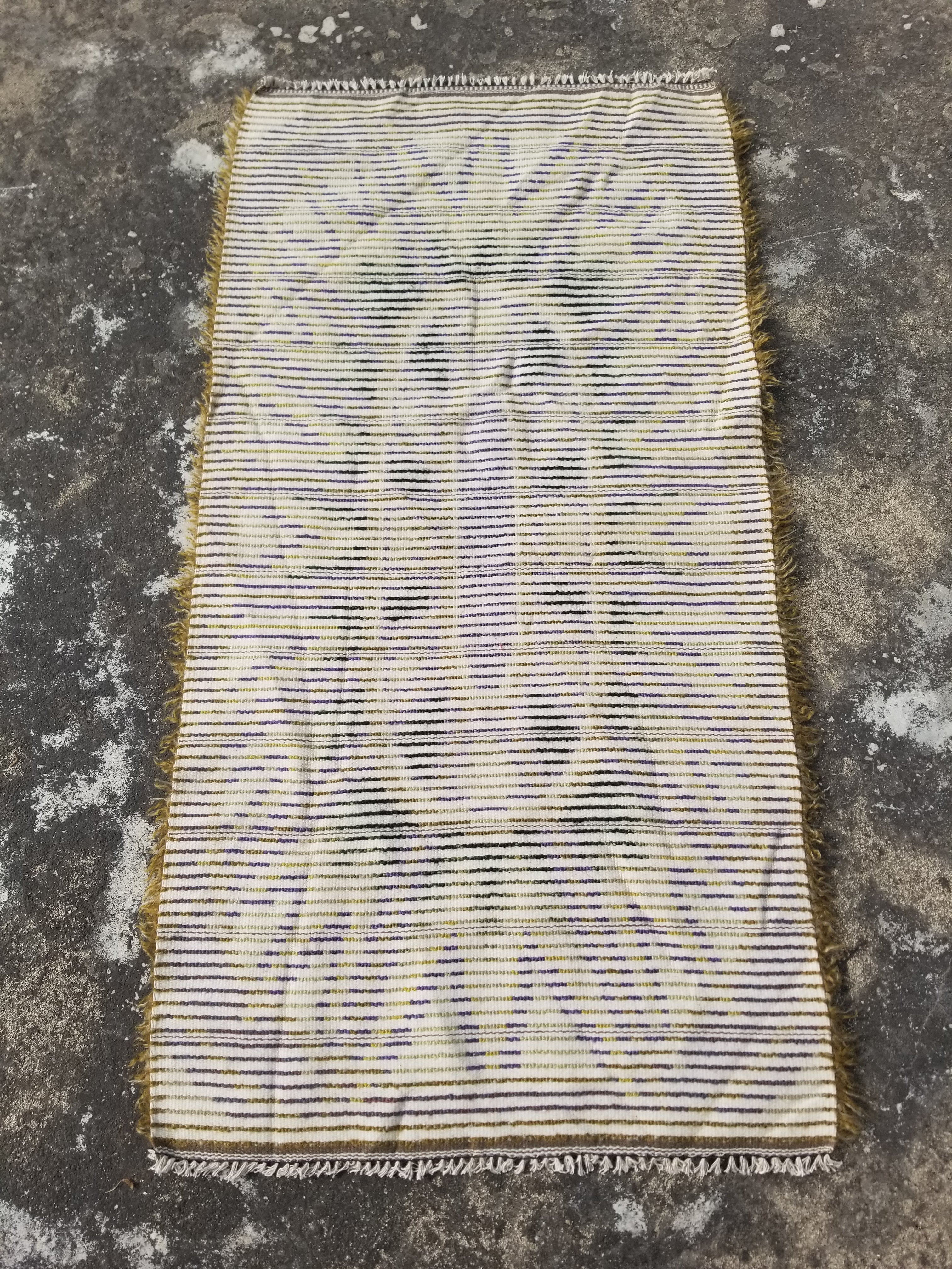 Vintage Traditional Handwoven Swedish Abstract Design Wool Rya Shag Rug 140x73cm