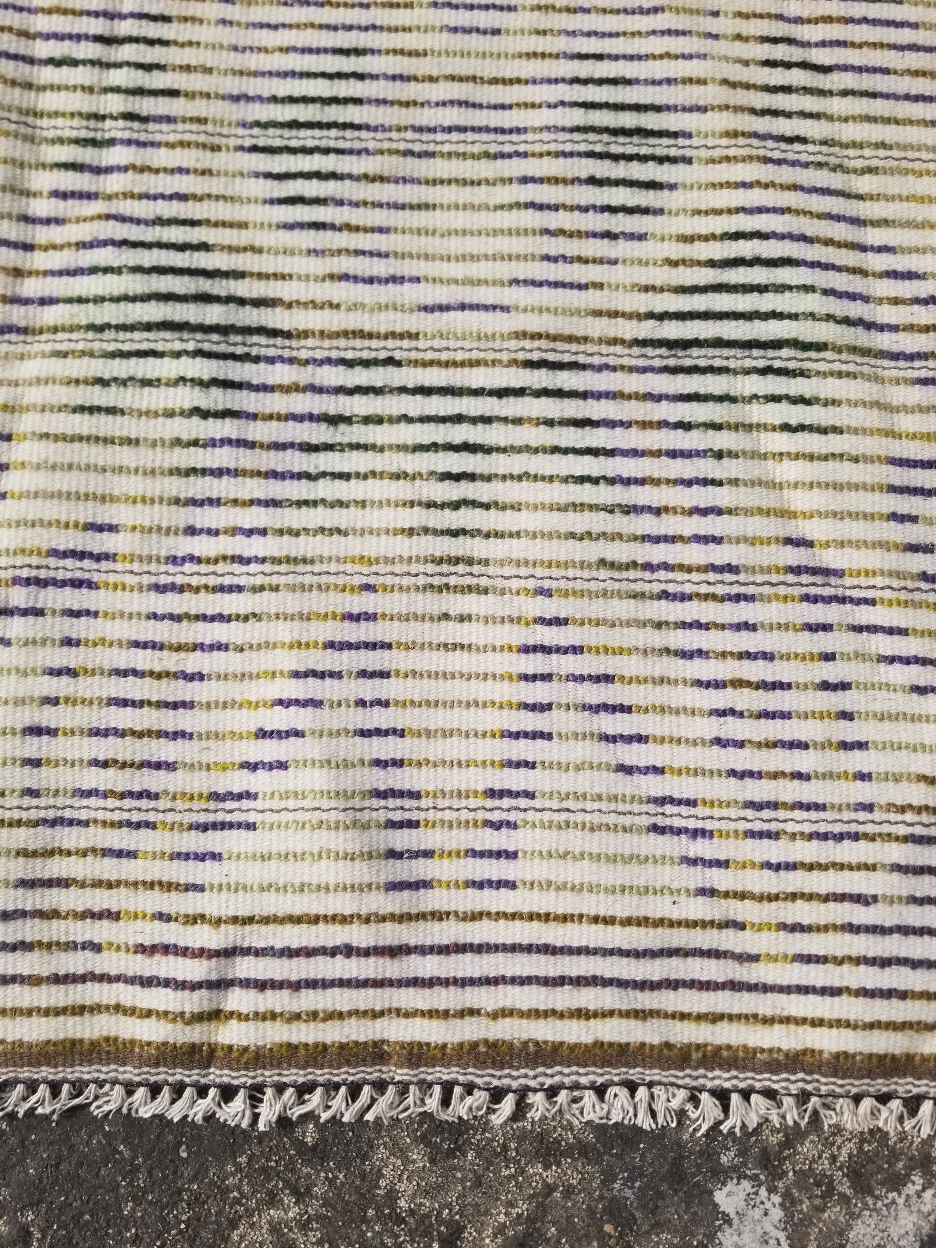 Vintage Traditional Handwoven Swedish Abstract Design Wool Rya Shag Rug 140x73cm