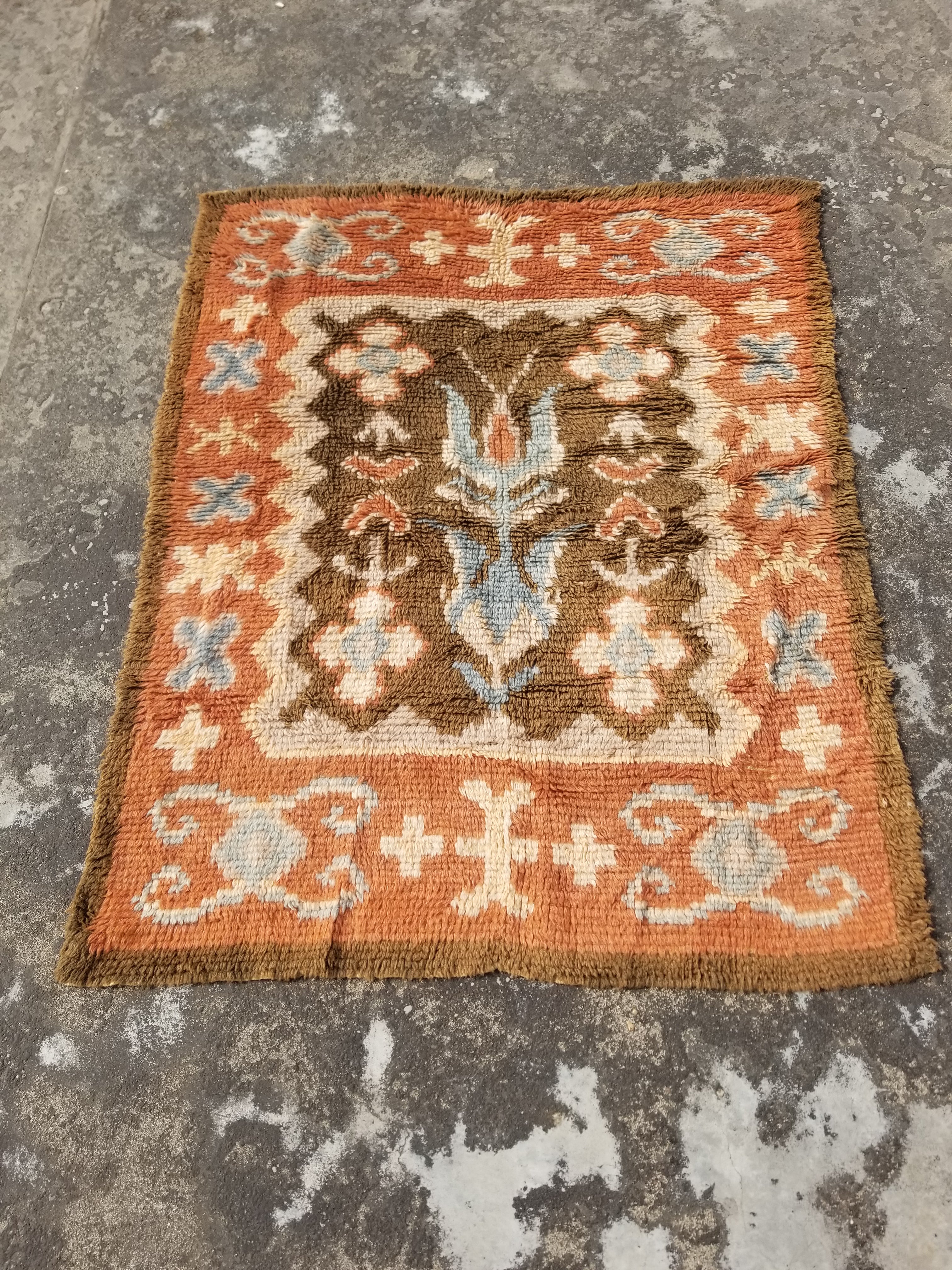 Vintage Traditional Handwoven Finnish Wool Multicolor Rya Rug 143x113cm