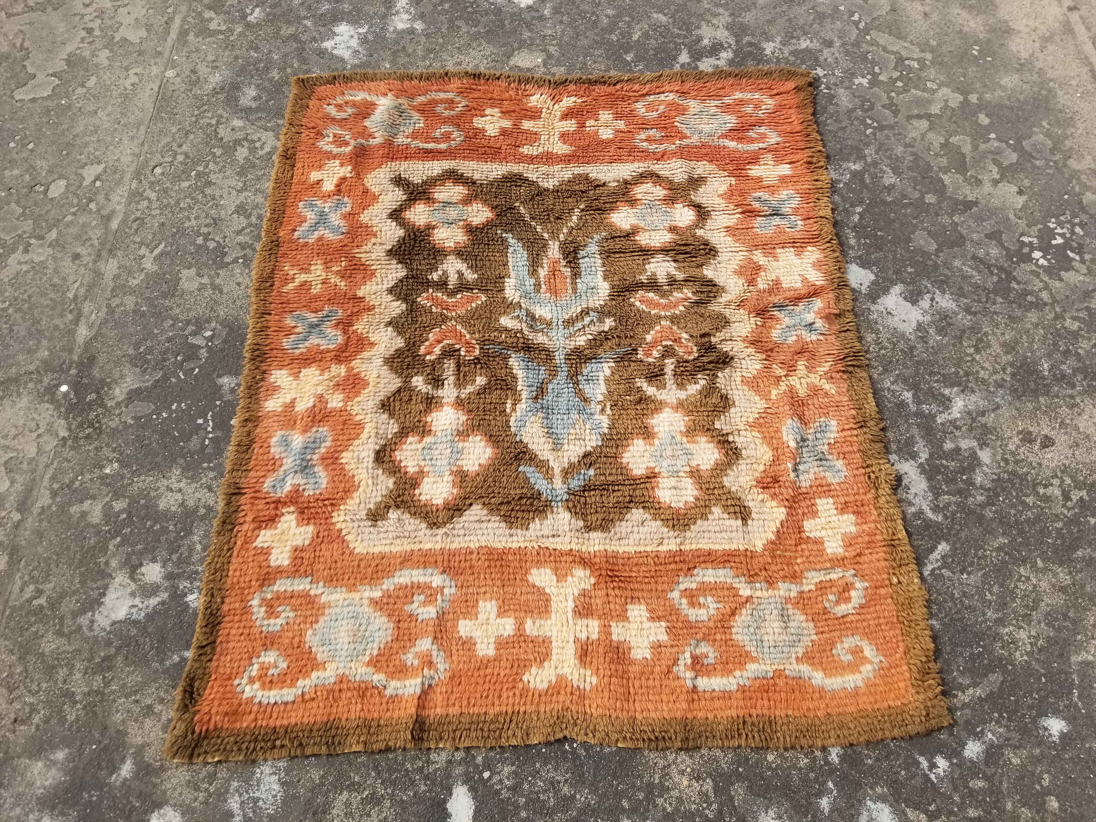 Vintage Traditional Handwoven Finnish Wool Multicolor Rya Rug 143x113cm