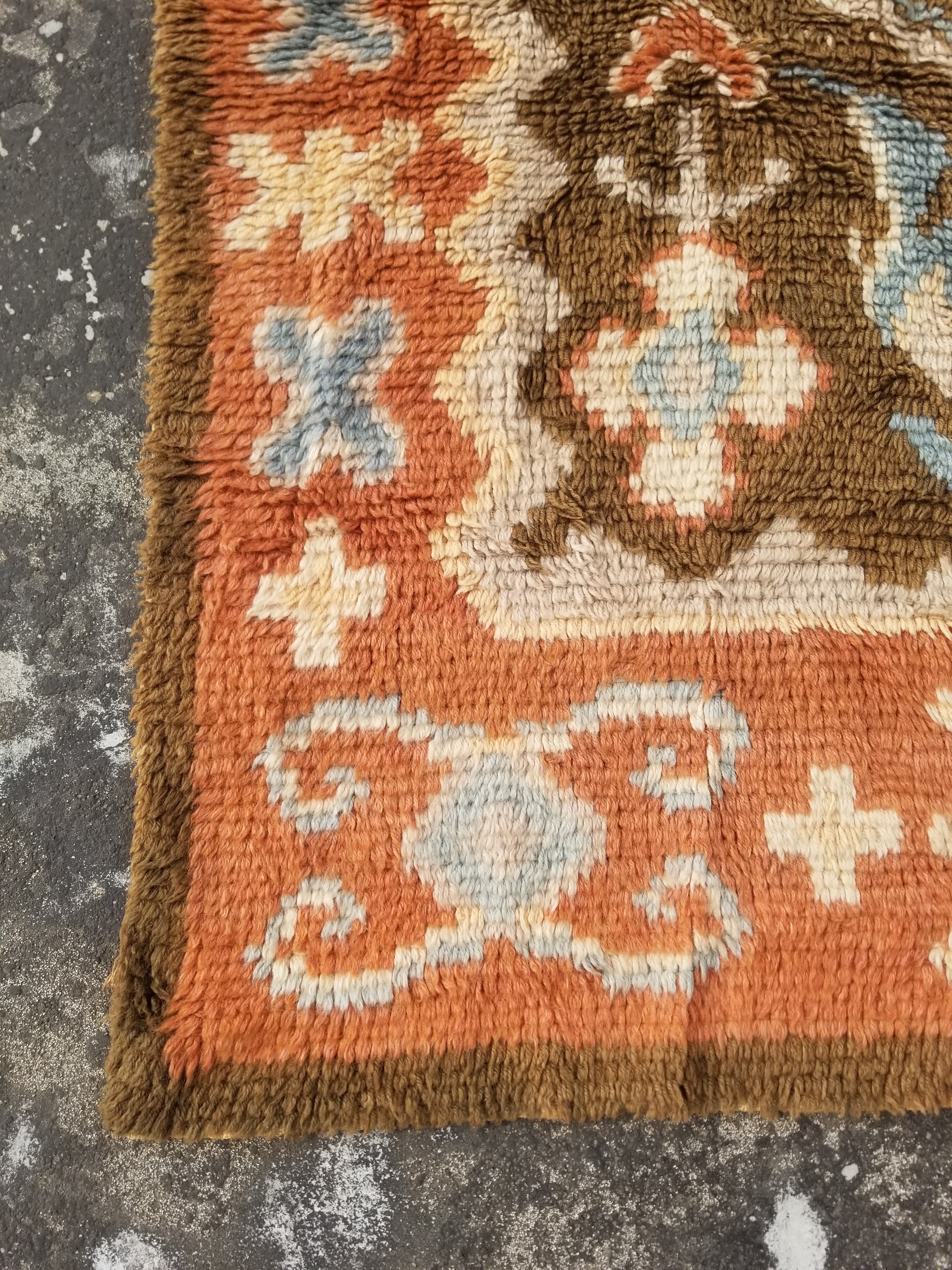 Vintage Traditional Handwoven Finnish Wool Multicolor Rya Rug 143x113cm