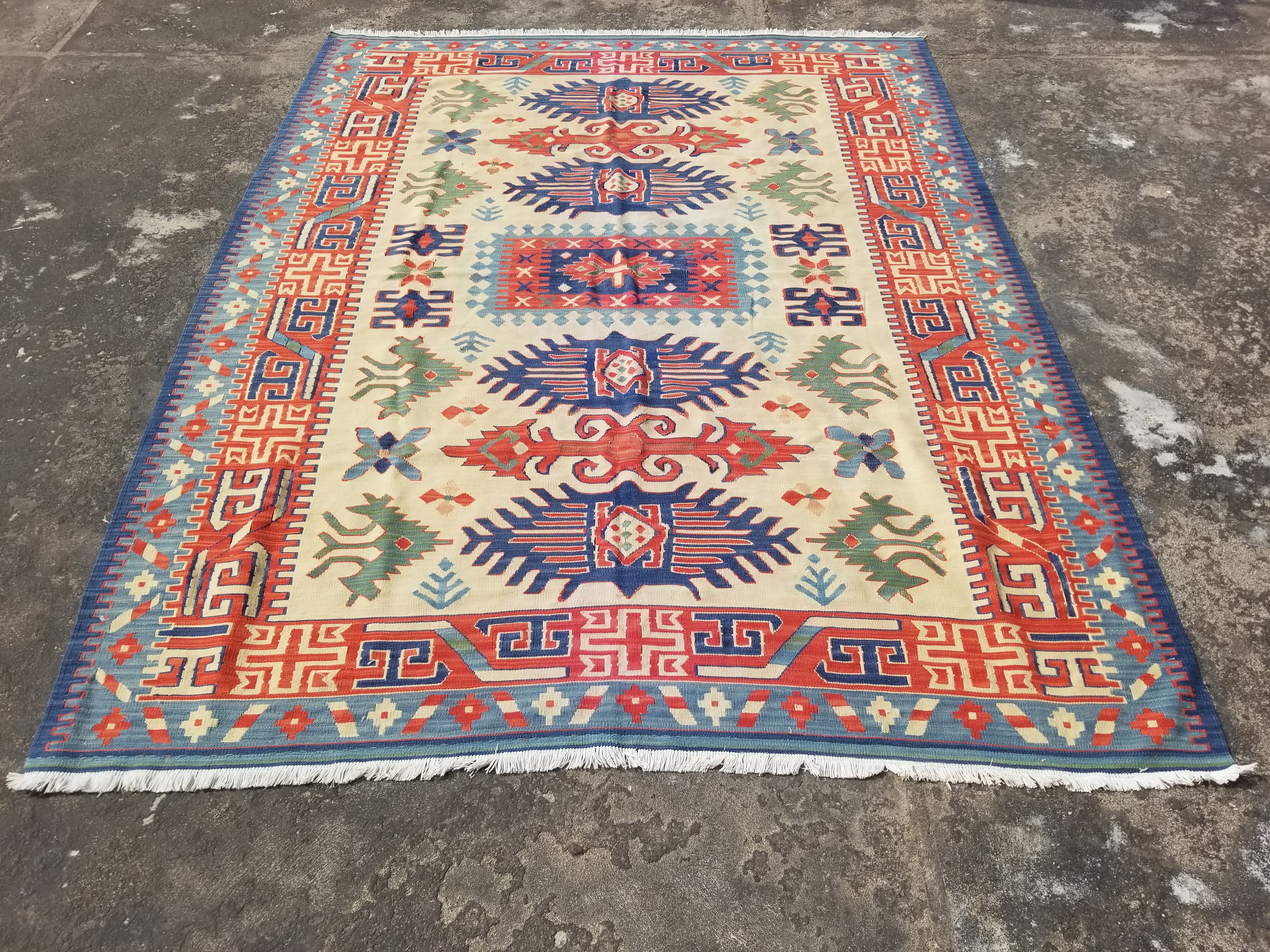 Vintage Traditional Handwoven Turkish Kazak Wool Multicolor Kilim 218x167cm