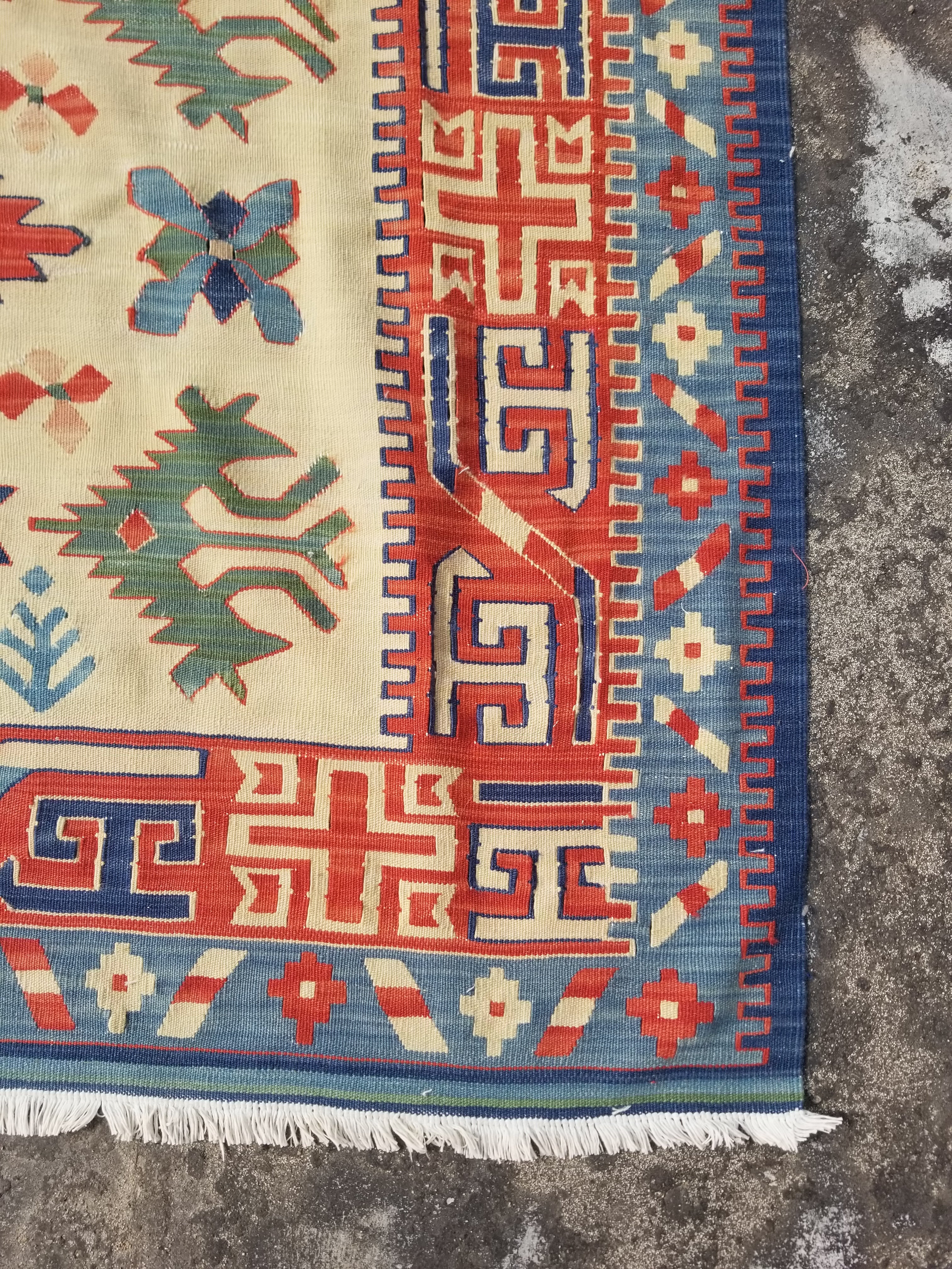Vintage Traditional Handwoven Turkish Kazak Wool Multicolor Kilim 218x167cm