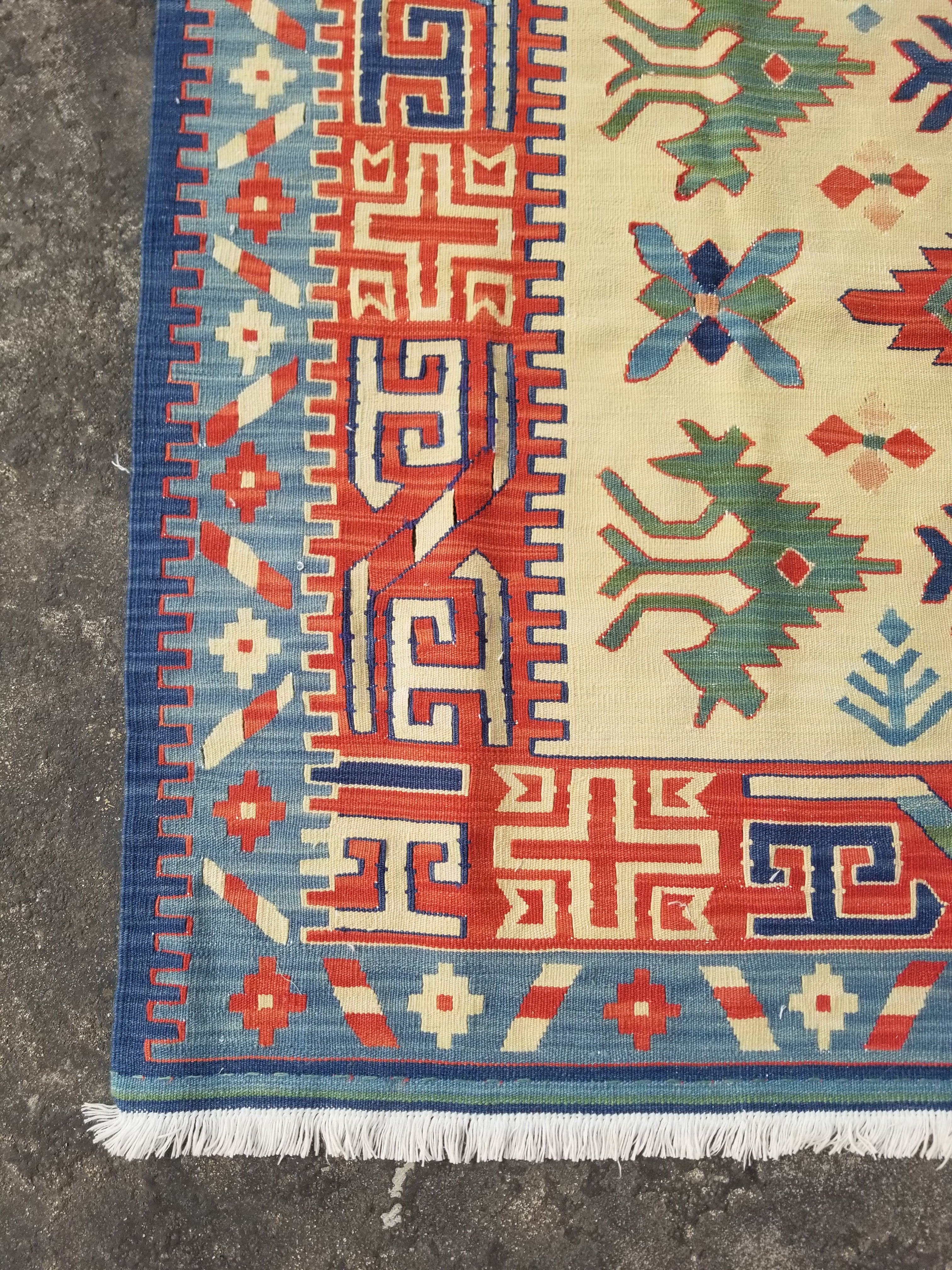 Vintage Traditional Handwoven Turkish Kazak Wool Multicolor Kilim 218x167cm