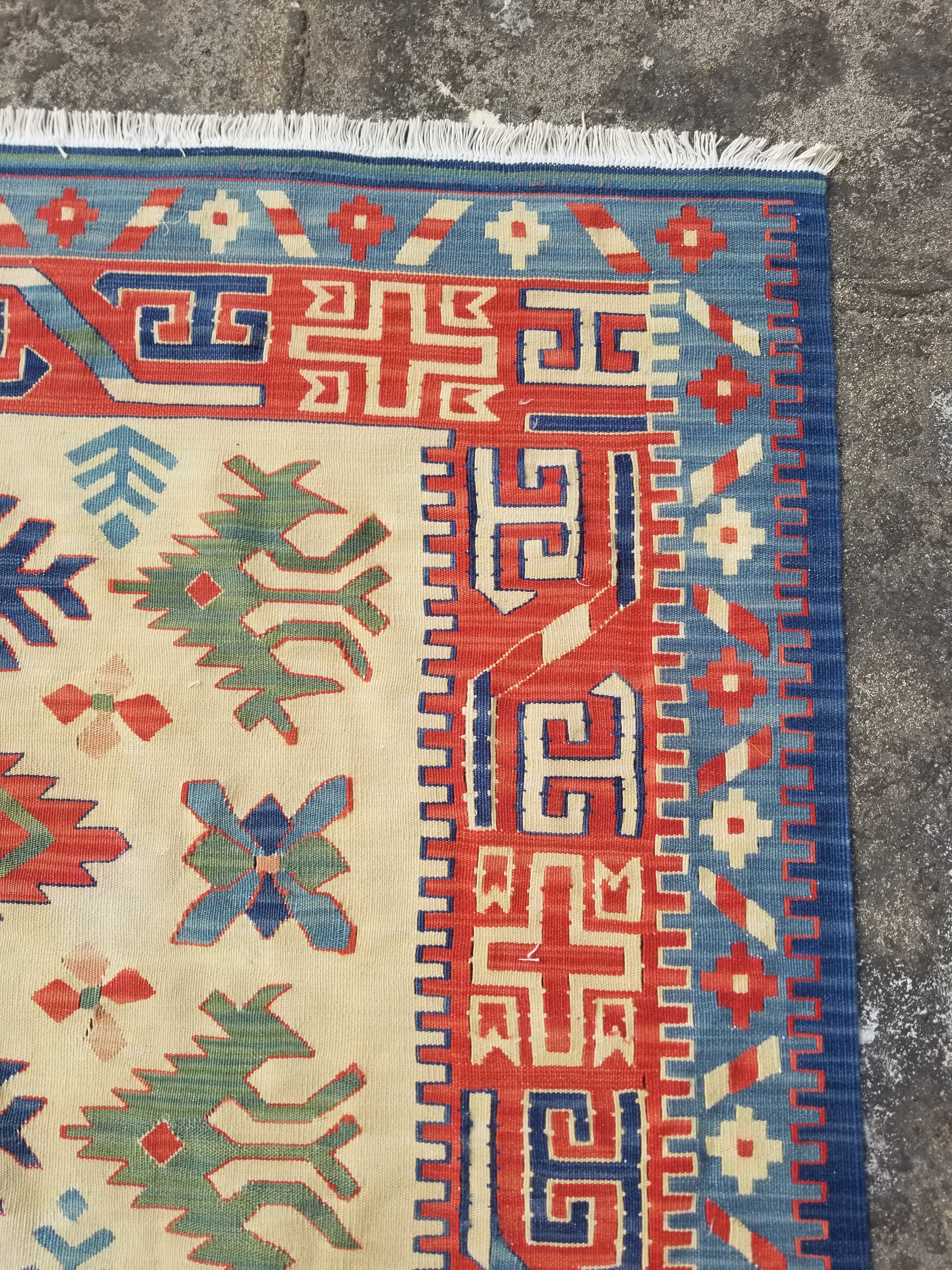 Vintage Traditional Handwoven Turkish Kazak Wool Multicolor Kilim 218x167cm