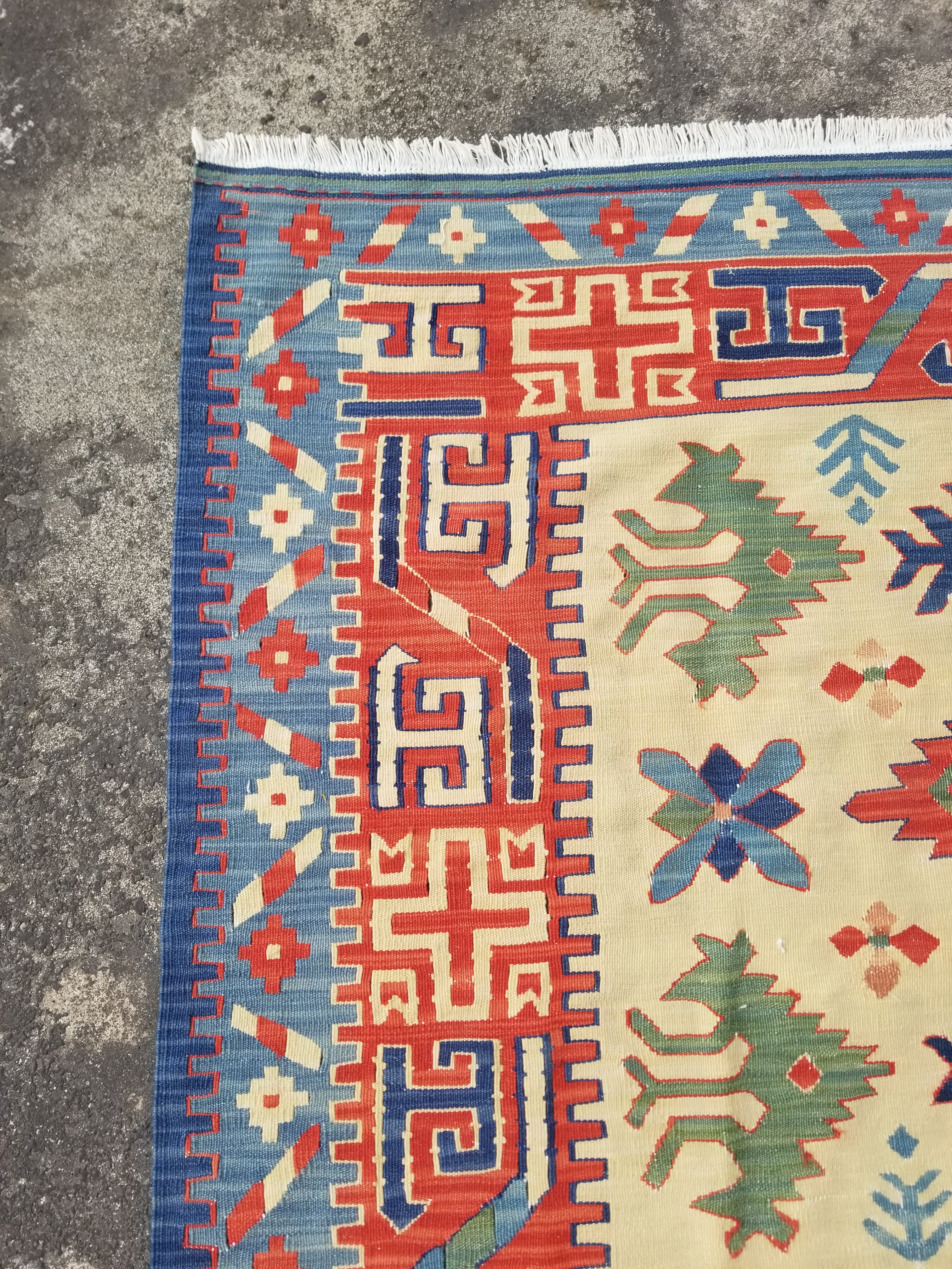 Vintage Traditional Handwoven Turkish Kazak Wool Multicolor Kilim 218x167cm