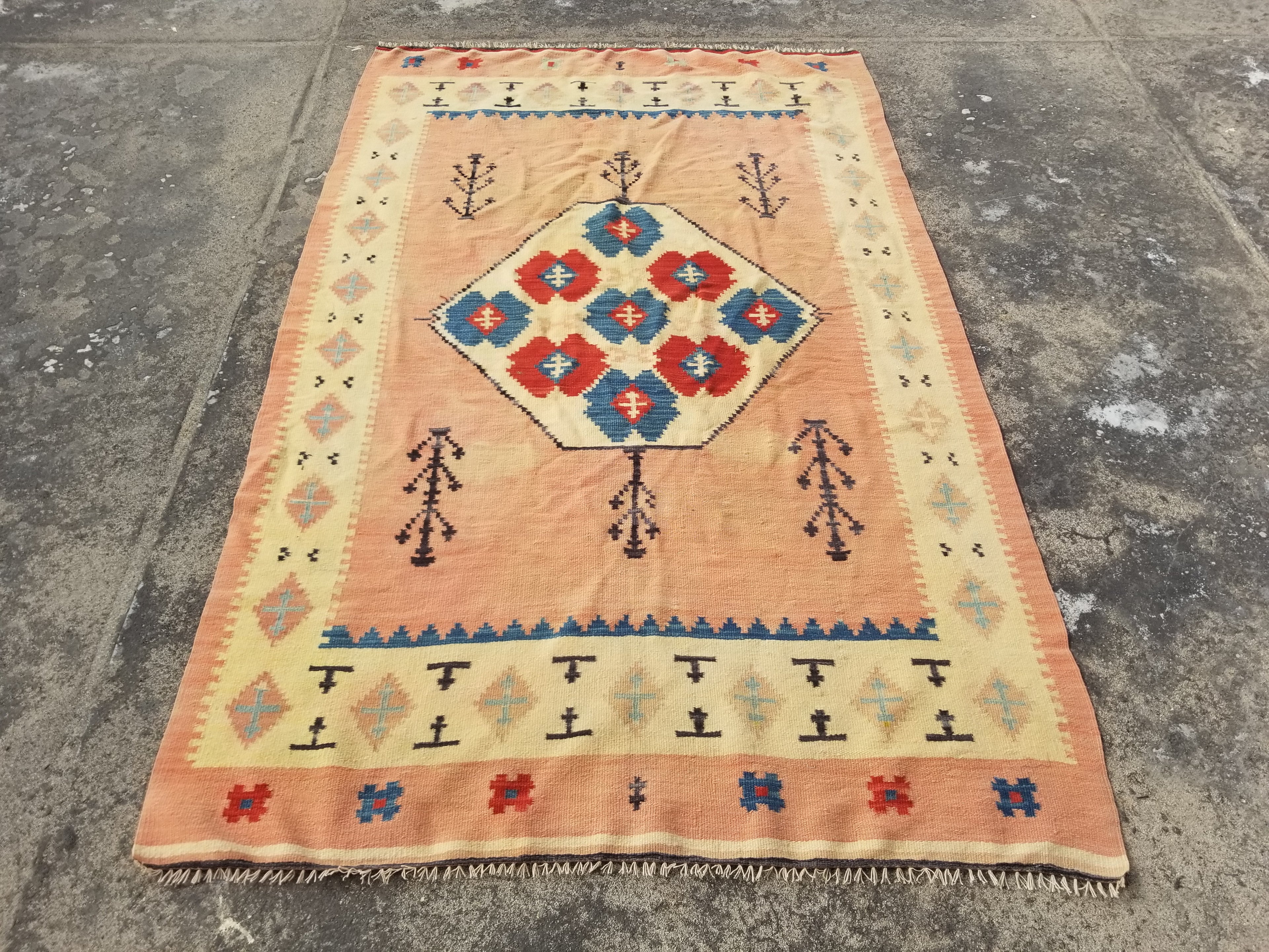 Vintage Traditional Handwoven Turkish Anatolian Wool Multicolor Kilim 216x132cm