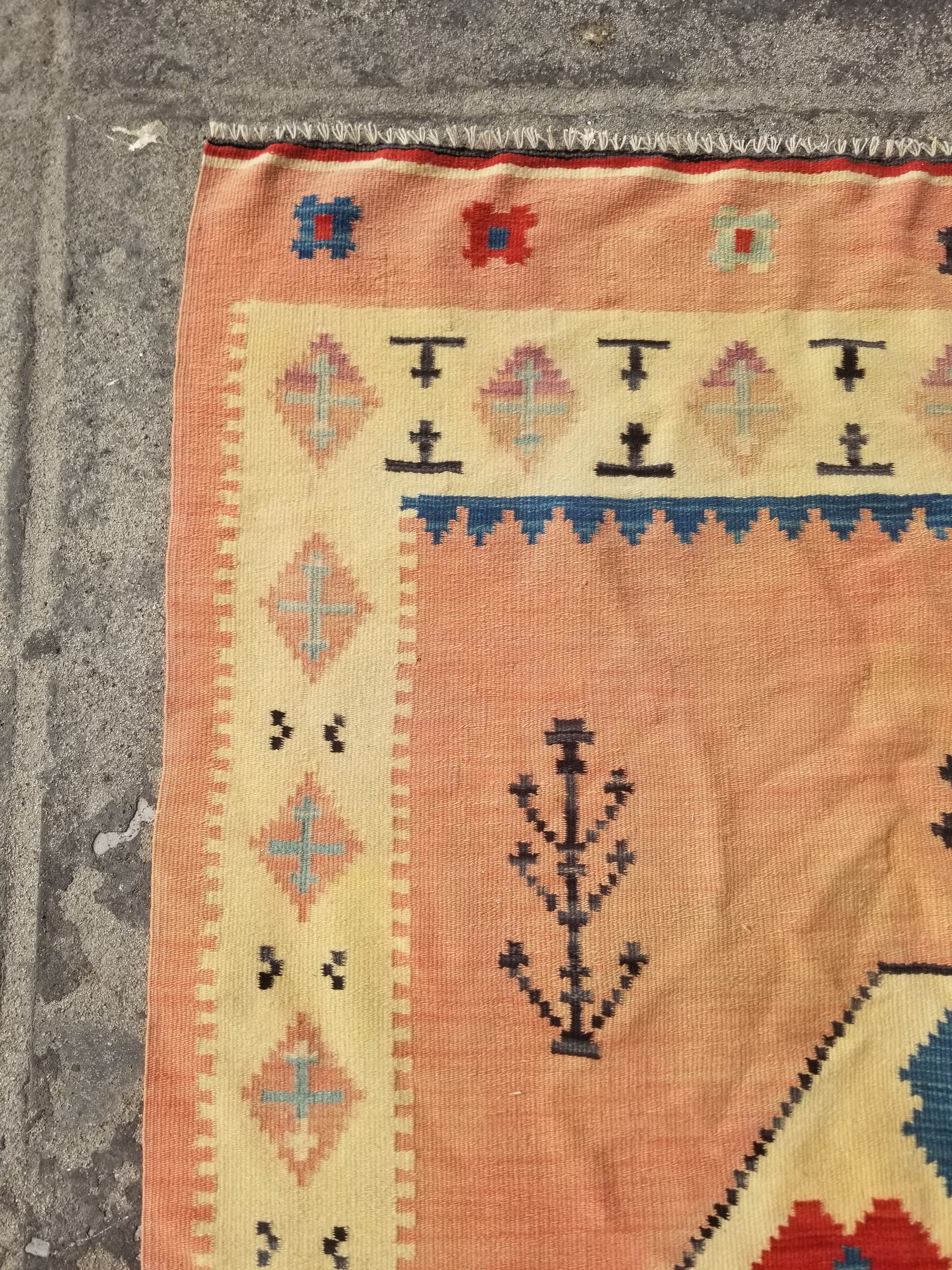 Vintage Traditional Handwoven Turkish Anatolian Wool Multicolor Kilim 216x132cm