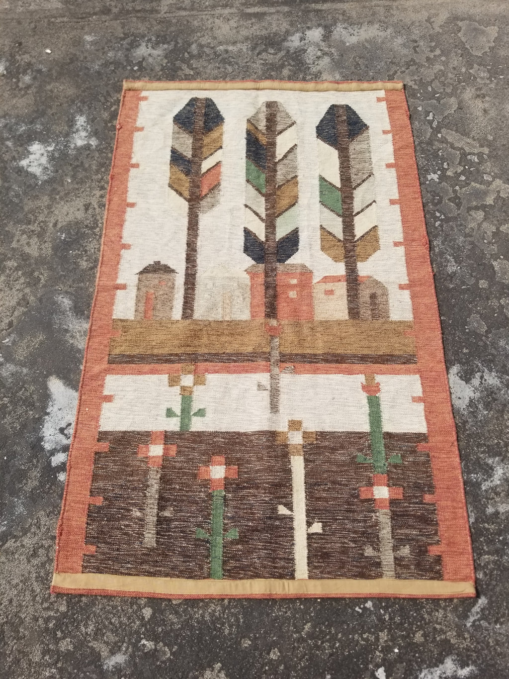 Vintage Traditional Handwoven Polish Folk Art Wool Kilim Tapestry 148x93cm