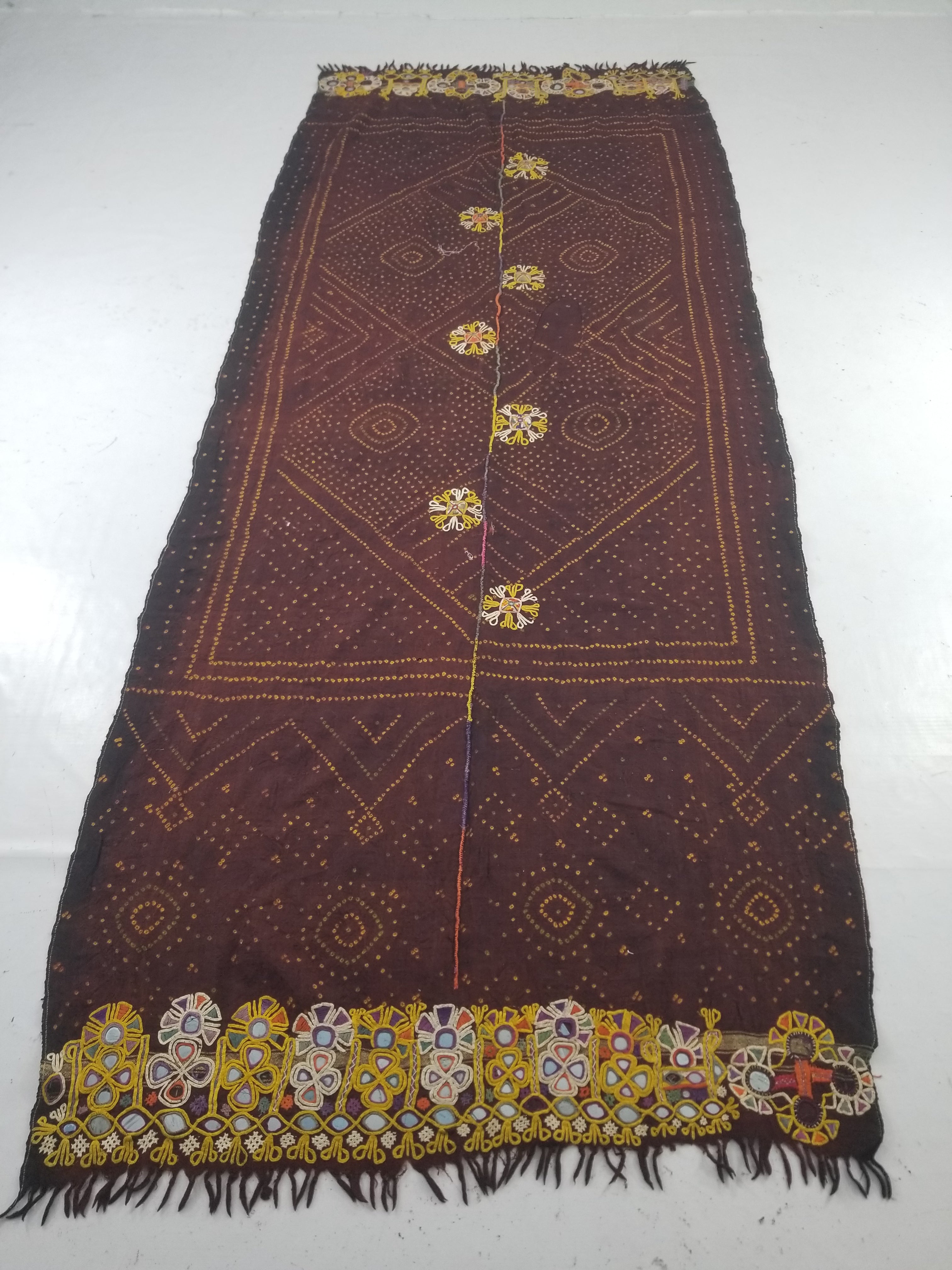 Vintage Traditional Indian Rabari Hand Embroidered Mirror Work Shawl 270x113cm